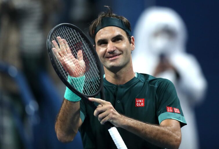 Roger Federer of Switzerland celebrates winning his match against Dan Evans of Great Britain on Day 3 of the Qatar ExxonMobil Open at Khalifa International Tennis and Squash Complex on March 10, 2021 in Doha, Qatar. (Photo by Mohamed Farag/Getty Images)