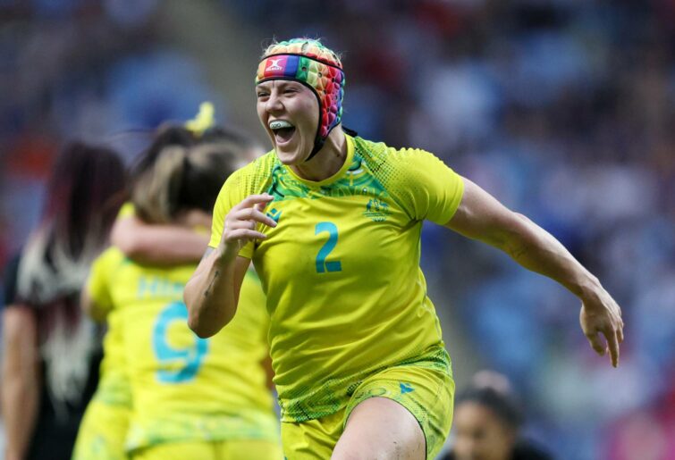 Sharni Williams of Team Australia celebrates after victory in the Women's Rugby Sevens Semi-Final match between Team Australia and Team New Zealand on day two of the Birmingham 2022 Commonwealth Games at Coventry Stadium on July 30, 2022 on the Coventry, England. (Photo by Richard Heathcote/Getty Images)