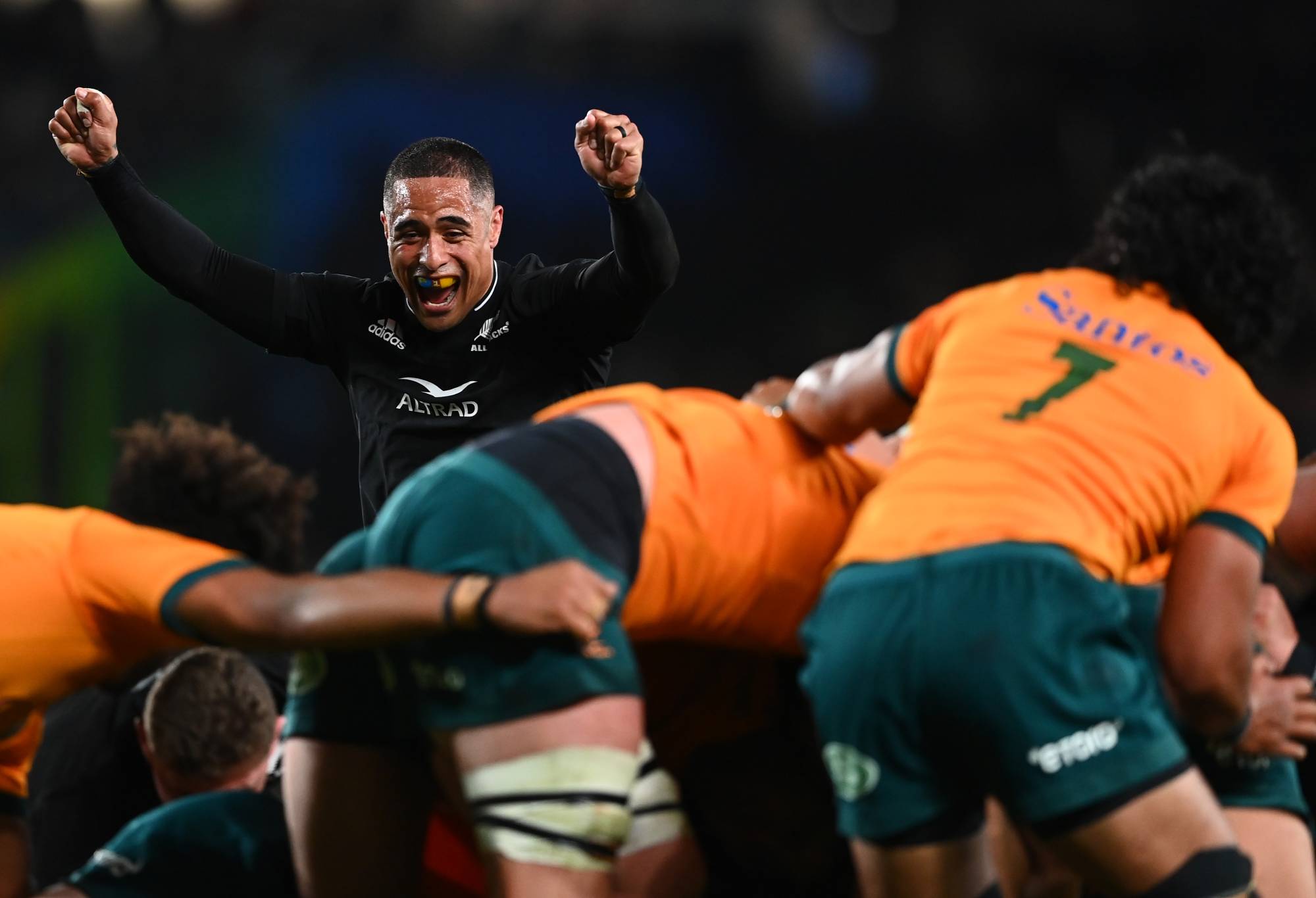 : Aaron Smith of the All Blacks reacts during The Rugby Championship and Bledisloe Cup match between the New Zealand All Blacks and the Australia Wallabies at Eden Park on September 24, 2022 in Auckland, New Zealand. (Photo by Hannah Peters/Getty Images)