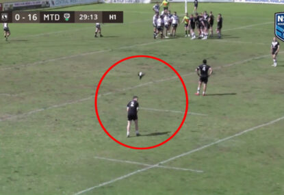 Amusing moment as country rugby league player attacked by swooping magpie