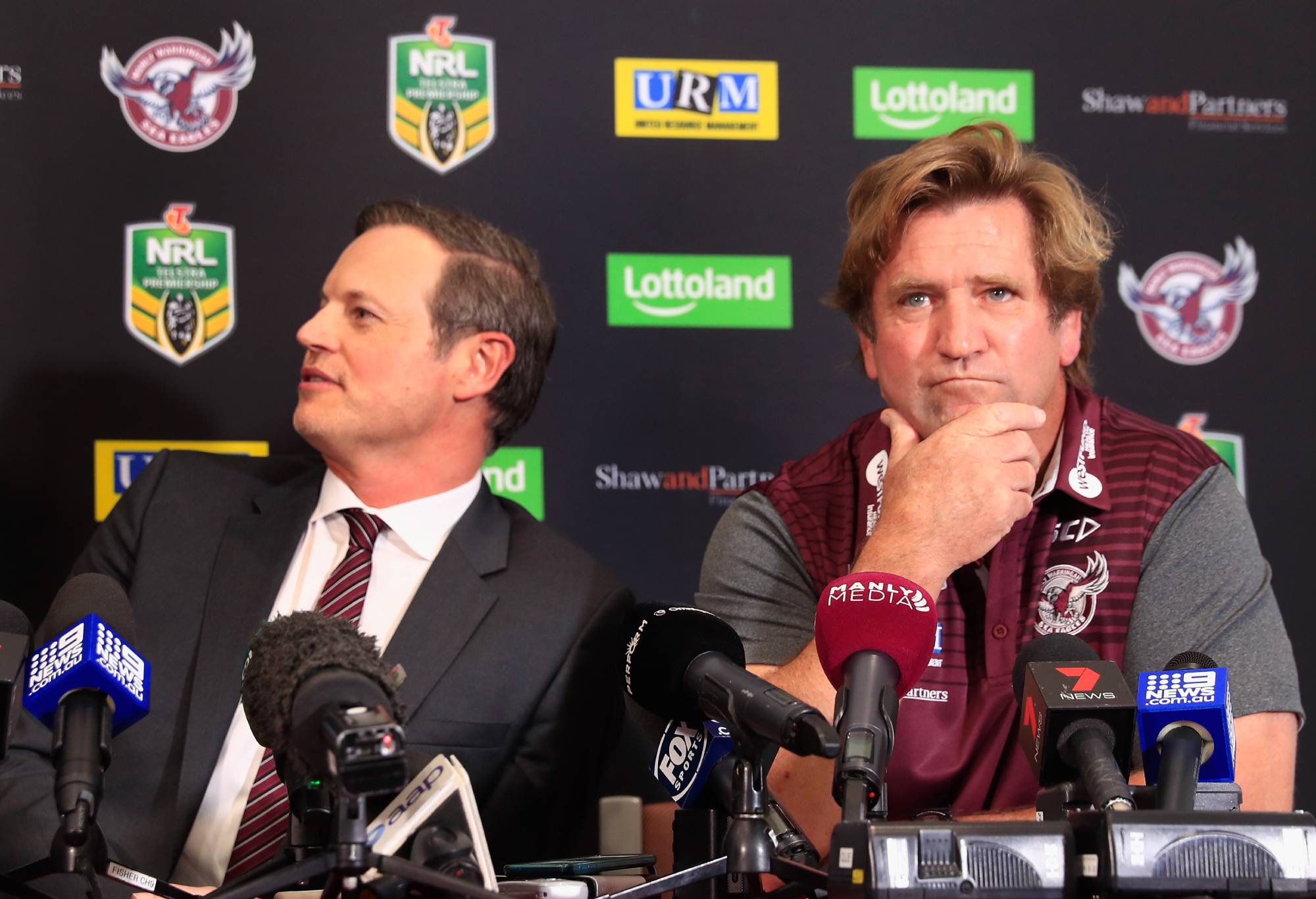 SYDNEY, AUSTRALIA - OCTOBER 22:  Chairman Scott Penn and new Manly Coach Des Hasler at a Manly Sea Eagles NRL press conference at Sydney Academy of Sport, Narrabeen on October 22, 2018 in Sydney, Australia.  (Photo by Mark Evans/Getty Images)