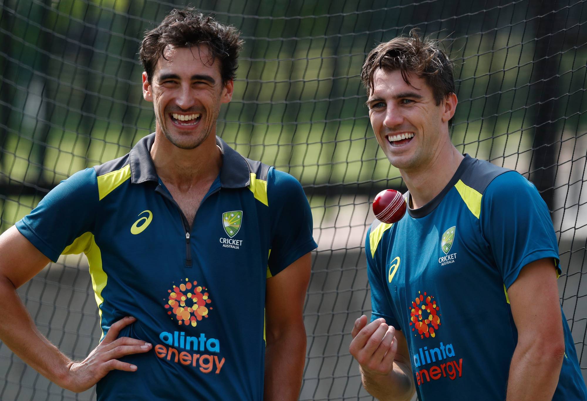 MELBOURNE, AUSTRALIA - DECEMBER 23: Mitchell Starc and Pat Cummins of Australia share a laugh during an Australia nets session at the Melbourne Cricket Ground on December 23, 2019 in Melbourne, Australia. (Photo by Darrian Traynor/Getty Images)