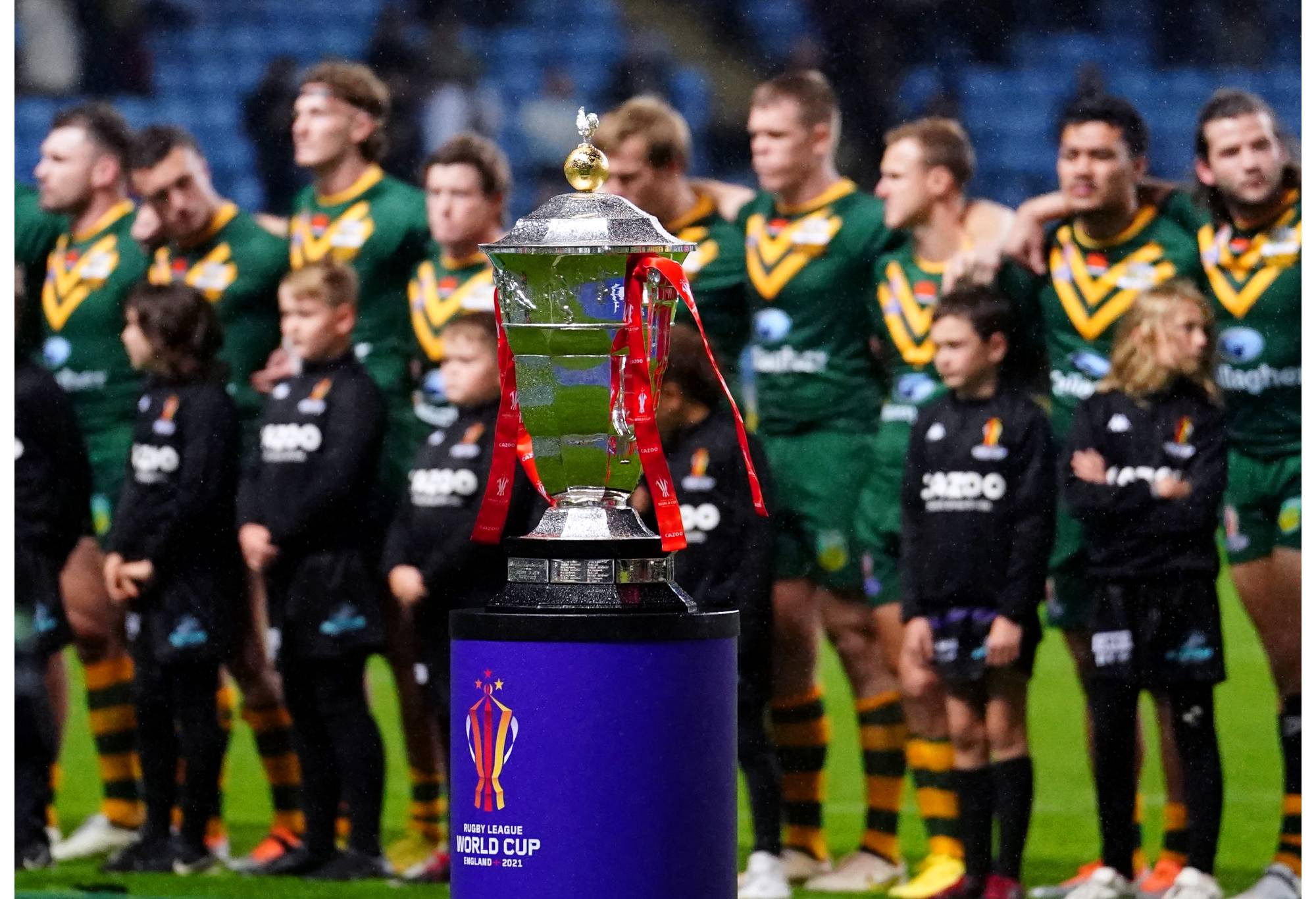 A general view of the trophy on display ahead of the Rugby League World Cup group B match at the Coventry Building Society Arena, Coventry. Picture date: Friday October 21, 2022. (Photo by David Davies/PA Images via Getty Images)