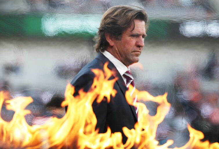 SYDNEY, AUSTRALIA - APRIL 25: Sea Eagles coach Des Hasler walks onto the field for an Anzac Day ceremony prior to the round seven NRL match between the Wests Tigers and the Manly Sea Eagles at Bankwest Stadium, on April 25, 2021, in Sydney, Australia. (Photo by Matt King/Getty Images)
