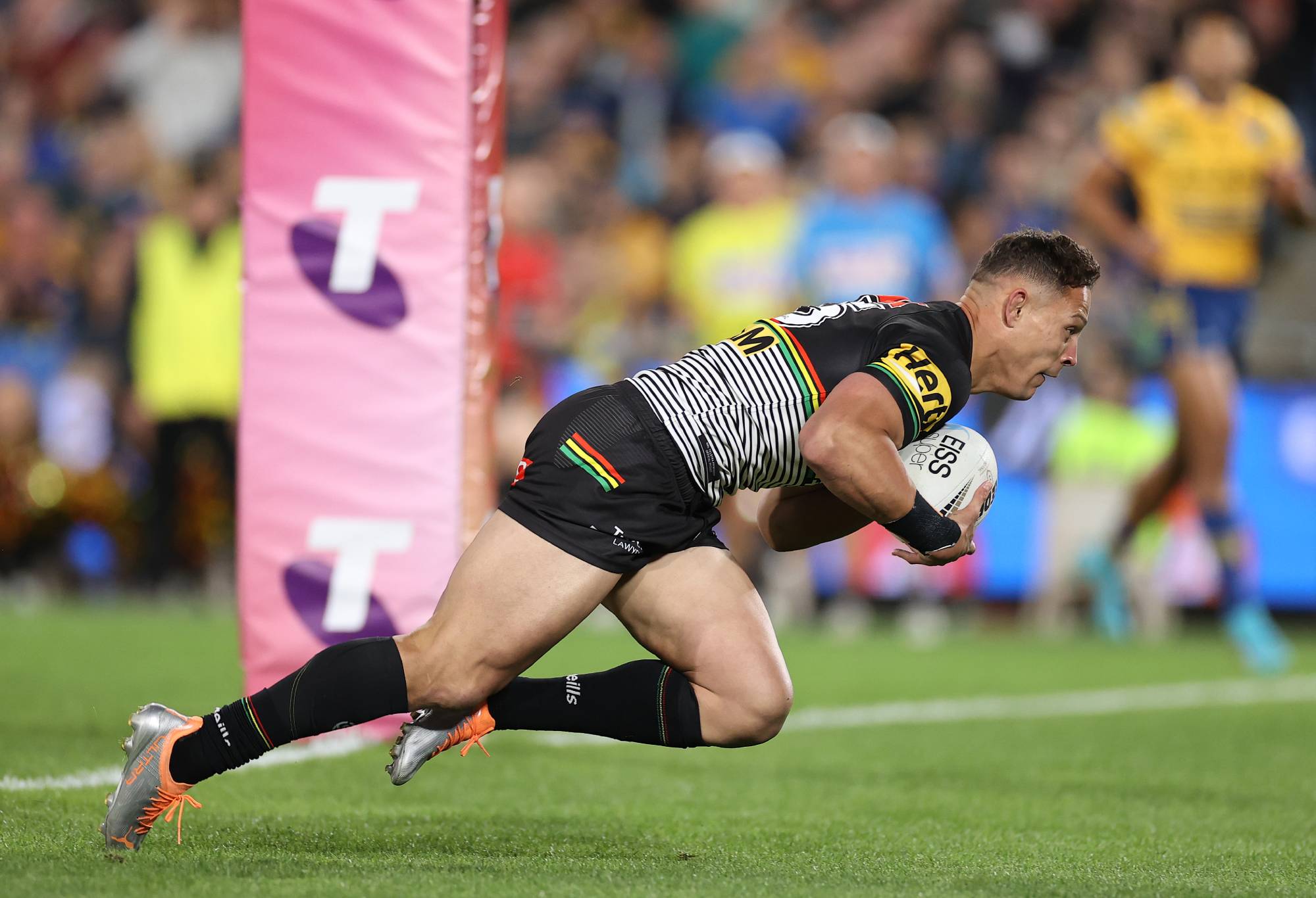 SYDNEY, AUSTRALIA - OCTOBER 02: Scott Sorensen of the Panthers scores a try during the 2022 NRL Grand Final match between the Penrith Panthers and the Parramatta Eels at Accor Stadium on October 02, 2022, in Sydney, Australia. (Photo by Cameron Spencer/Getty Images)