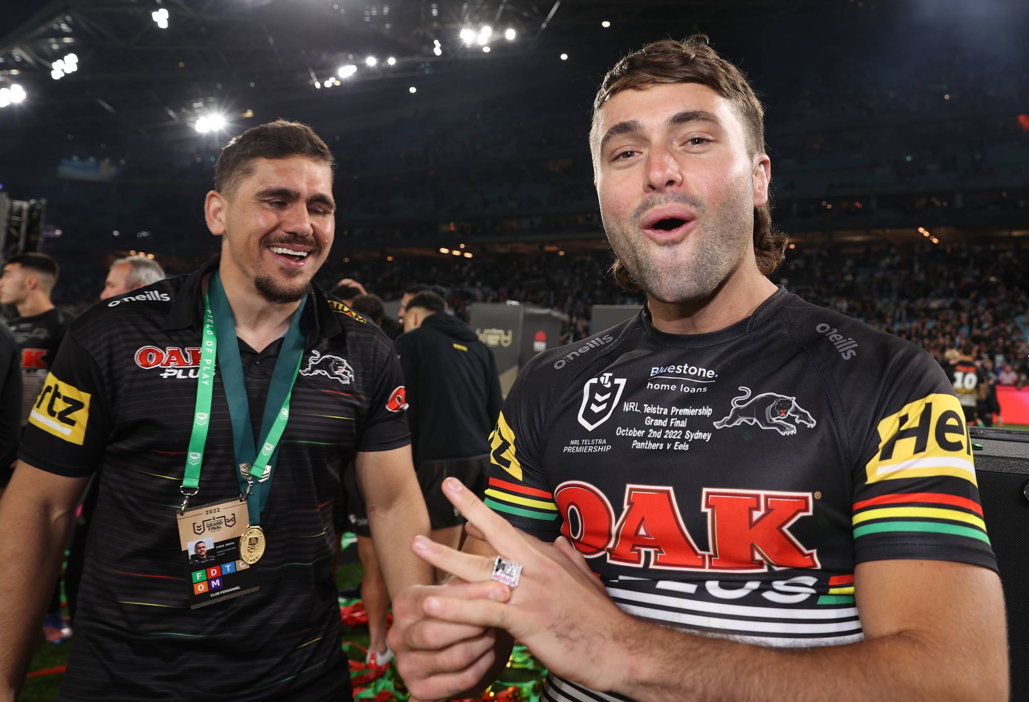 SYDNEY, AUSTRALIA - OCTOBER 02: Jaeman Salmon of the Panthers celebrates during the 2022 NRL Grand Final match between the Penrith Panthers and the Parramatta Eels at Accor Stadium on October 02, 2022, in Sydney, Australia. (Photo by Mark Kolbe/Getty Images)