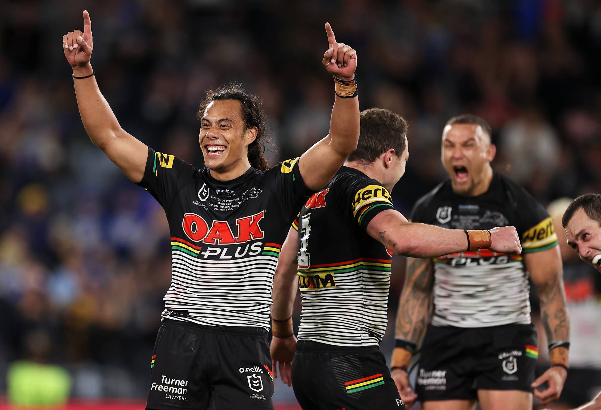 SYDNEY, AUSTRALIA - OCTOBER 02: Jarome Luai of the Panthers and the Panthers players celebrate victory during the 2022 NRL Grand Final match between the Penrith Panthers and the Parramatta Eels at Accor Stadium on October 02, 2022, in Sydney, Australia. (Photo by Mark Kolbe/Getty Images)