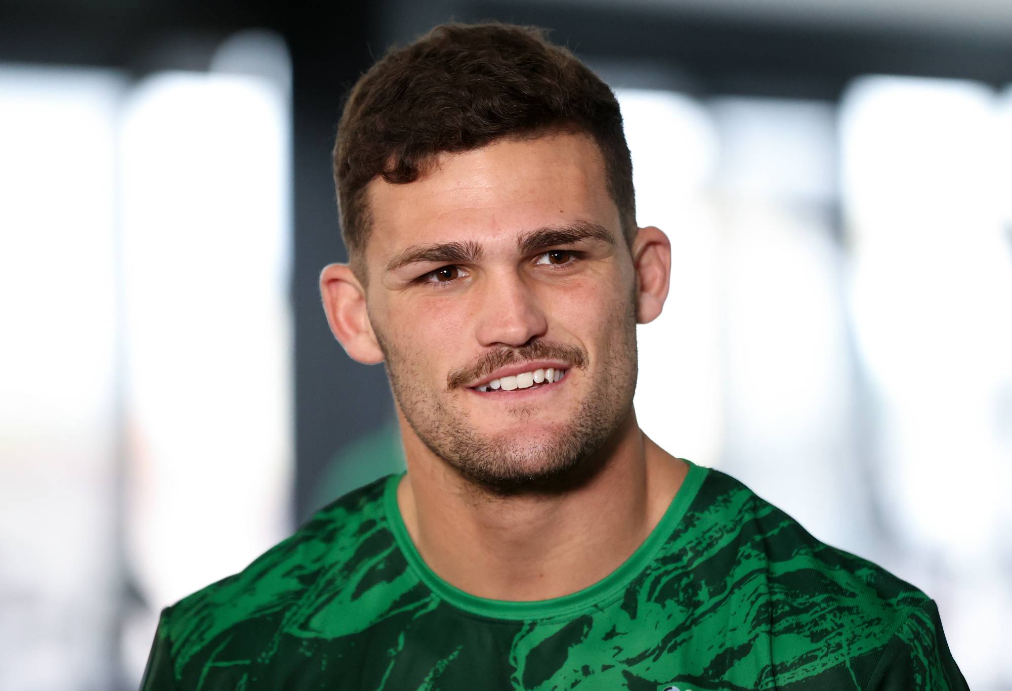SYDNEY, AUSTRALIA - OCTOBER 06: Nathan Cleary speaks to the media during an Australia Kangaroos media opportunity ahead of the Rugby League World Cup at E-Lab Training on October 06, 2022 in Sydney, Australia. (Photo by Brendon Thorne/Getty Images)