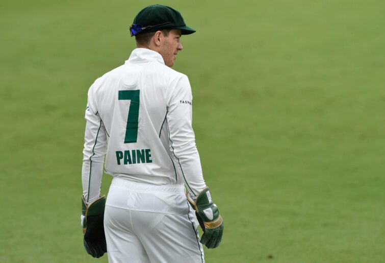 BRISBANE, AUSTRALIA - OCTOBER 06: Tim Paine of Tasmania looks on during the Sheffield Shield match between Queensland Bulls and Tasmania Tigers at Allan Border Field, on October 06, 2022, in Brisbane, Australia. (Photo by Matt Roberts/Getty Images)