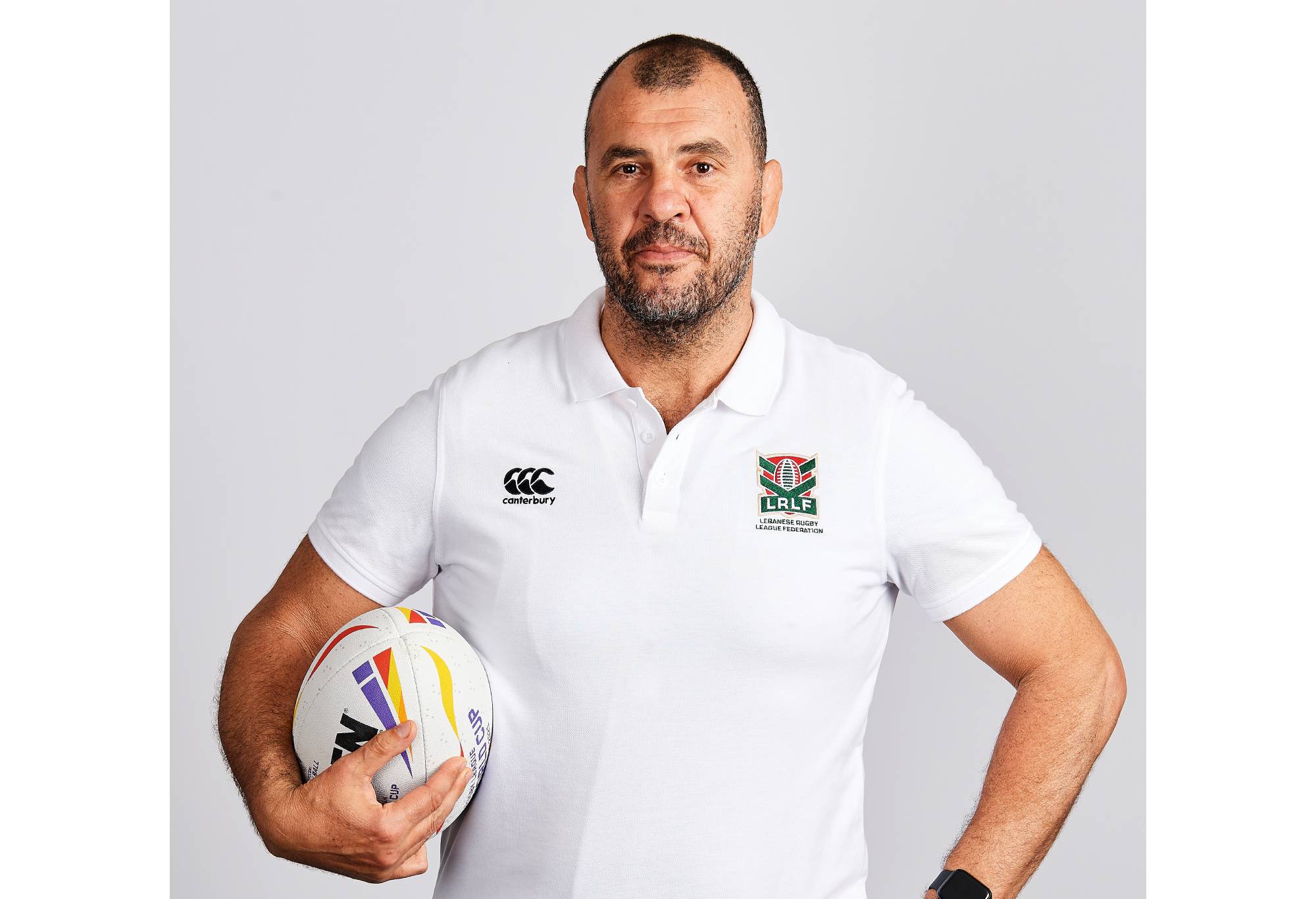 MANCHESTER, ENGLAND - OCTOBER 06: Michael Cheika of Lebanon poses for a photo during the Lebanon Rugby League World Cup Portrait session on October 06, 2022 in Manchester, England. (Photo by Gareth Copley/Getty Images for Rugby League World Cup)