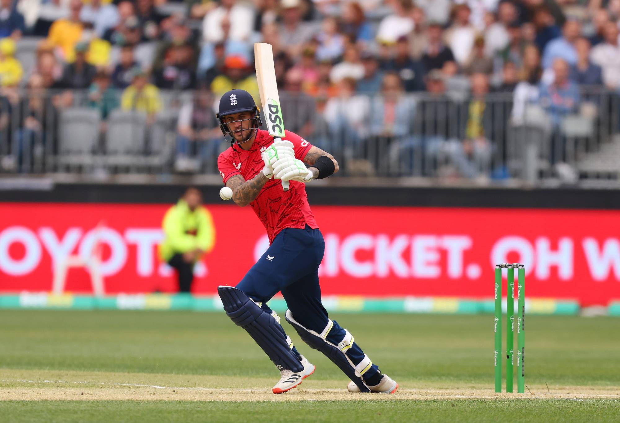 PERTH, AUSTRALIA - OCTOBER 09: Alex Hales of England watches the ball after his shot during game one of the T20 International series between Australia and England at Optus Stadium on October 09, 2022 in Perth, Australia. (Photo by James Worsfold/Getty Images)