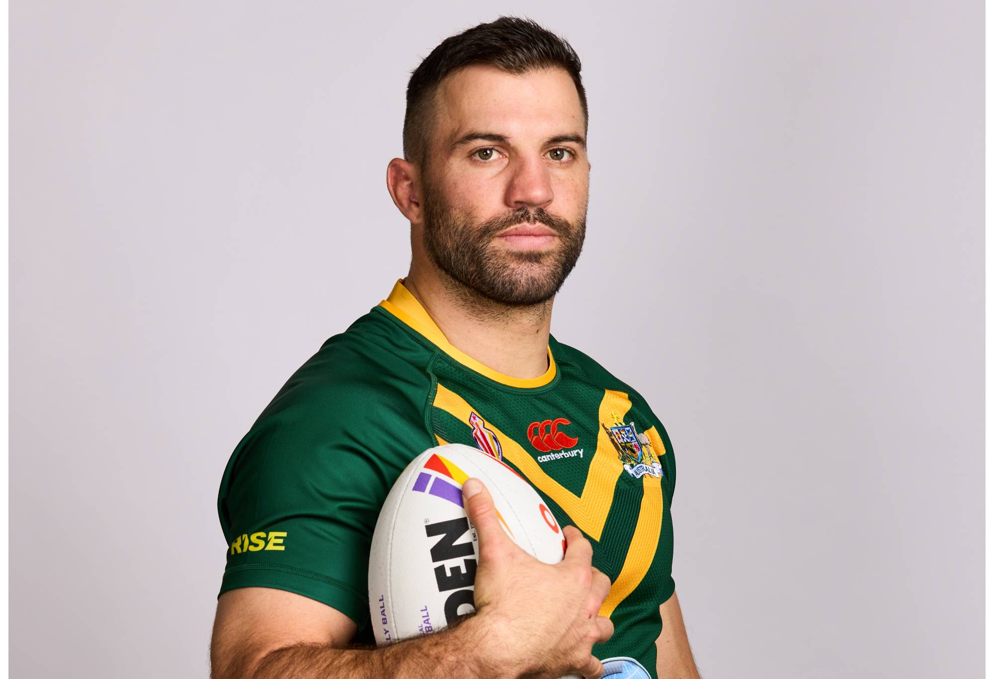 MANCHESTER, ENGLAND - OCTOBER 10: James Tedesco of Australia poses for a photo during the Australia Rugby League World Cup portrait session on October 10, 2022 in Manchester, England. (Photo by Karl Bridgeman/Getty Images for Rugby League World Cup)