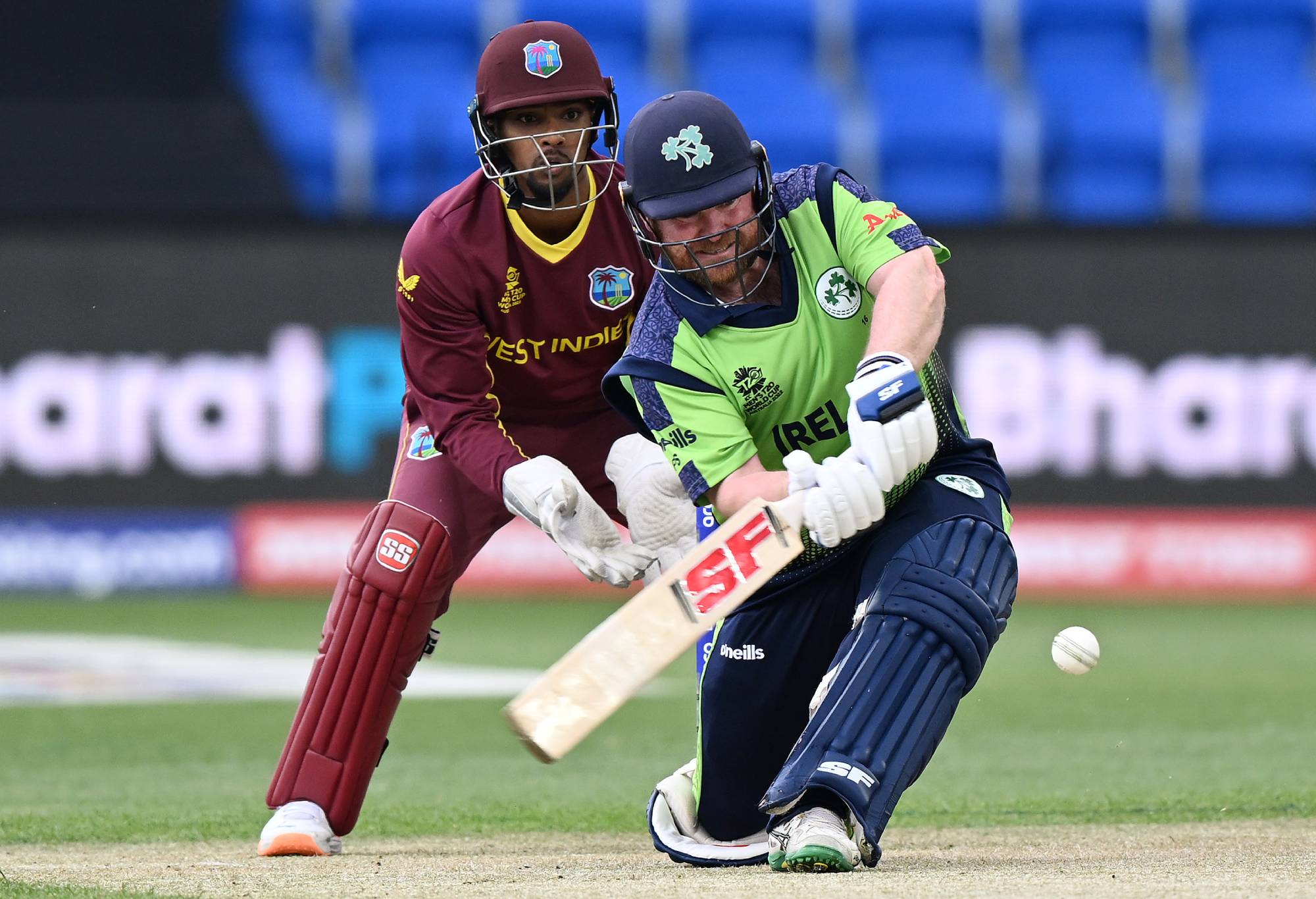 HOBART, AUSTRALIA - OCTOBER 21: Paul Stirling of Ireland bats during the ICC Men's T20 World Cup match between West Indies and Ireland at Bellerive Oval on October 21, 2022 in Hobart, Australia. (Photo by Steve Bell - ICC/ICC via Getty Images)