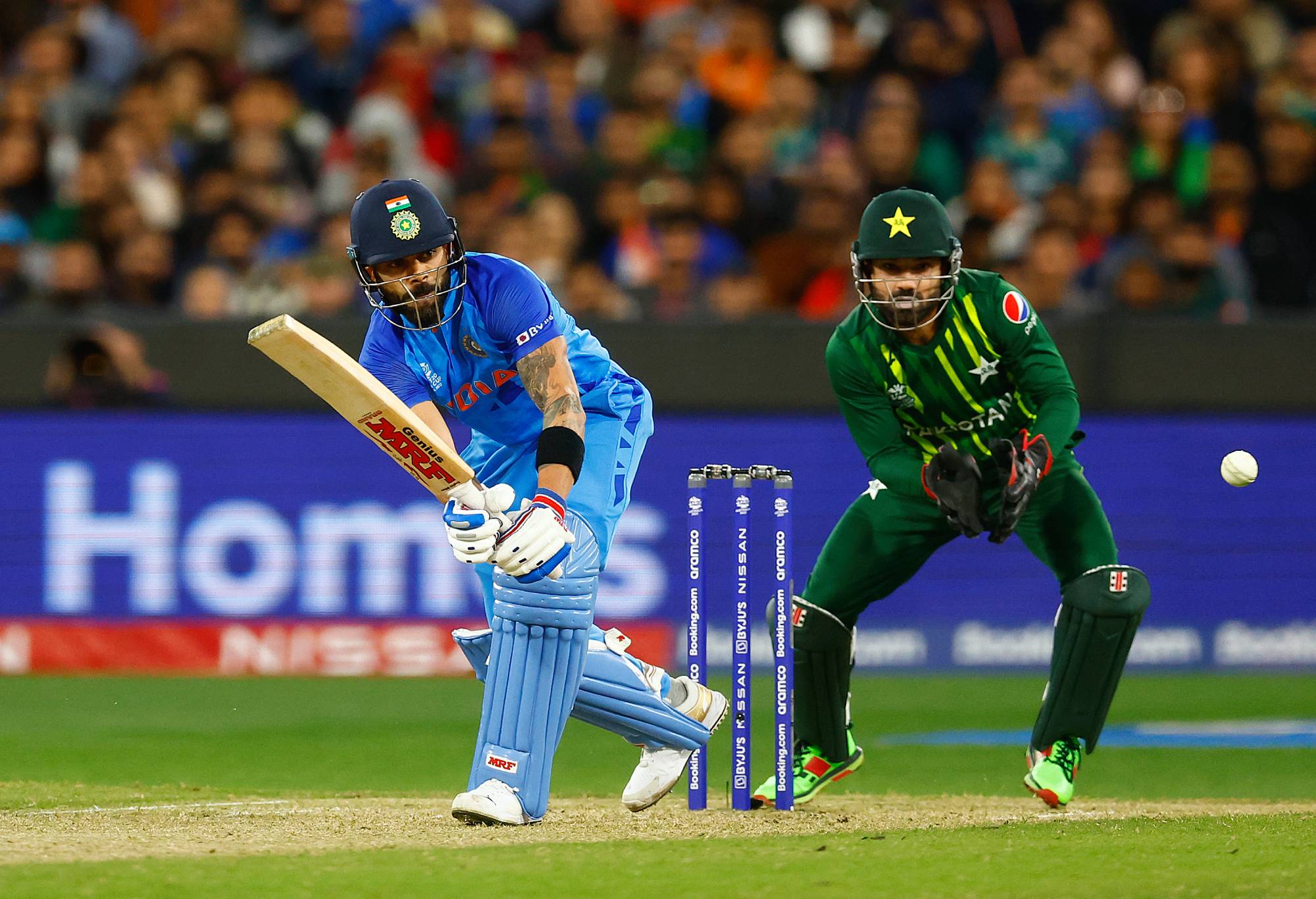 MELBOURNE, AUSTRALIA - OCTOBER 23: Virat Kohli of India bats during the ICC Men's T20 World Cup match between India and Pakistan at Melbourne Cricket Ground on October 23, 2022 in Melbourne, Australia. (Photo by Daniel Pockett-ICC/ICC via Getty Images)