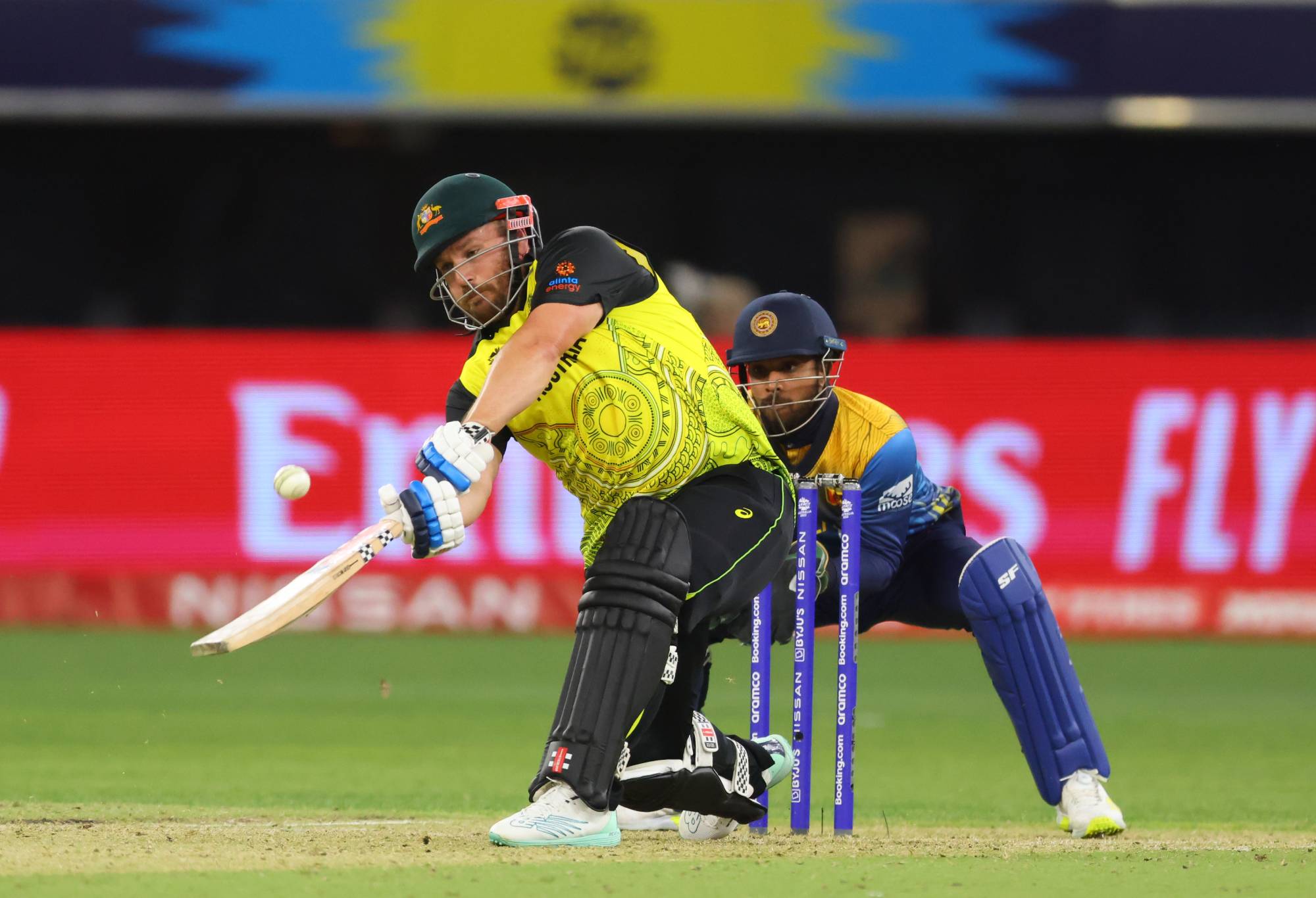 PERTH, AUSTRALIA - OCTOBER 25: Aaron Finch of Australia plays his shot during the ICC Men's T20 World Cup match between Australia and Sri Lanka at Perth Stadium on October 25, 2022 in Perth, Australia. (Photo by James Worsfold/Getty Images)