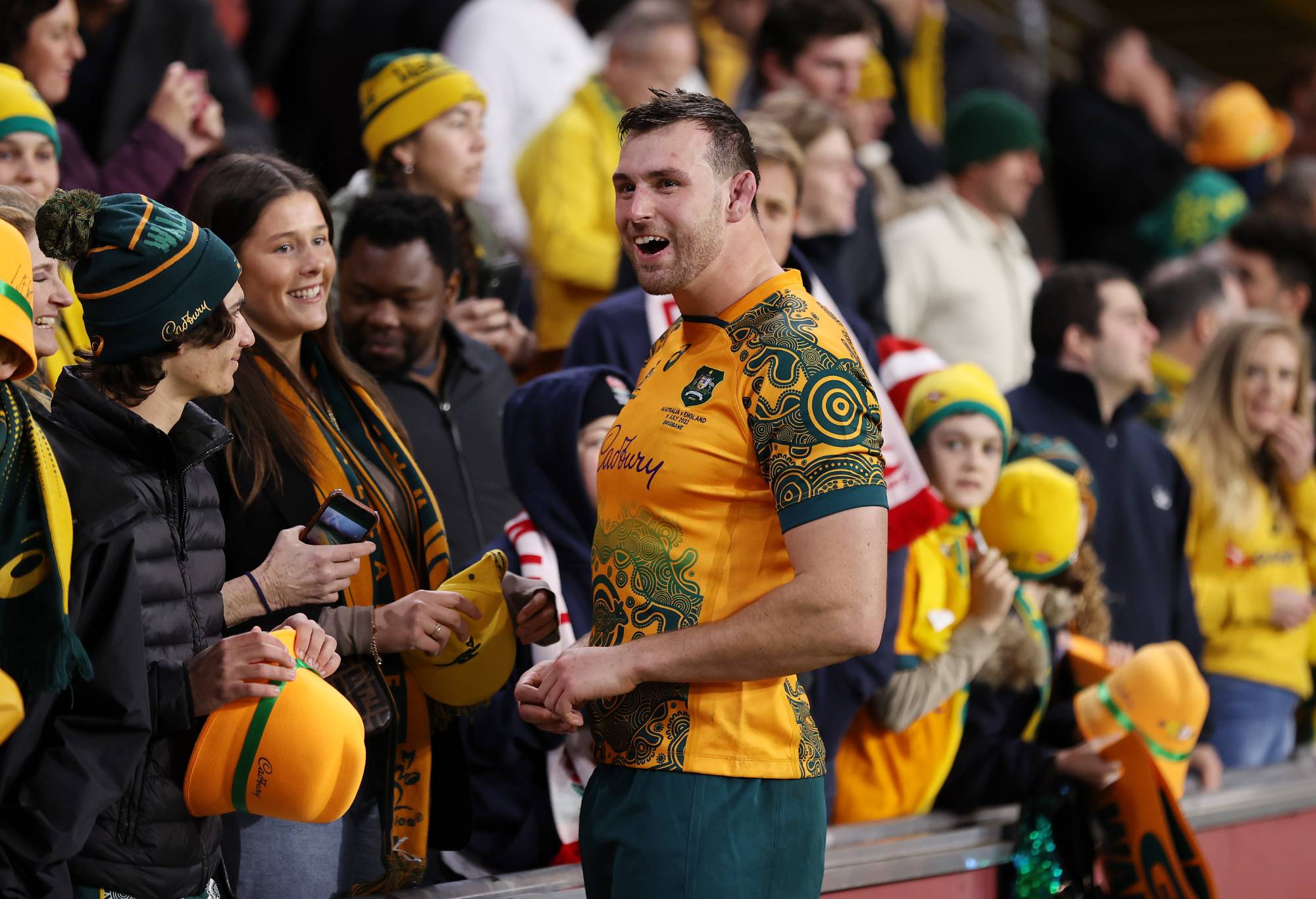 Nick Frost of Australia interacts with fans after game two of the International Test Match series between the Australia Wallabies and England at Suncorp Stadium on July 09, 2022 in Brisbane, Australia. (Photo by Cameron Spencer/Getty Images)