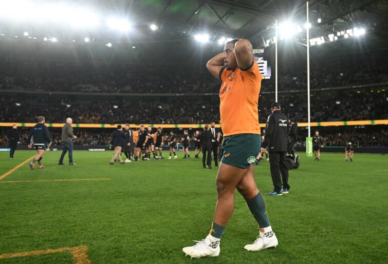 Pone Fa'amausili of the Wallabies reacts after losing The Rugby Championship & Bledisloe Cup match between the Australia Wallabies and the New Zealand All Blacks at Marvel Stadium on September 15, 2022 in Melbourne, Australia. (Photo by Morgan Hancock/Getty Images)