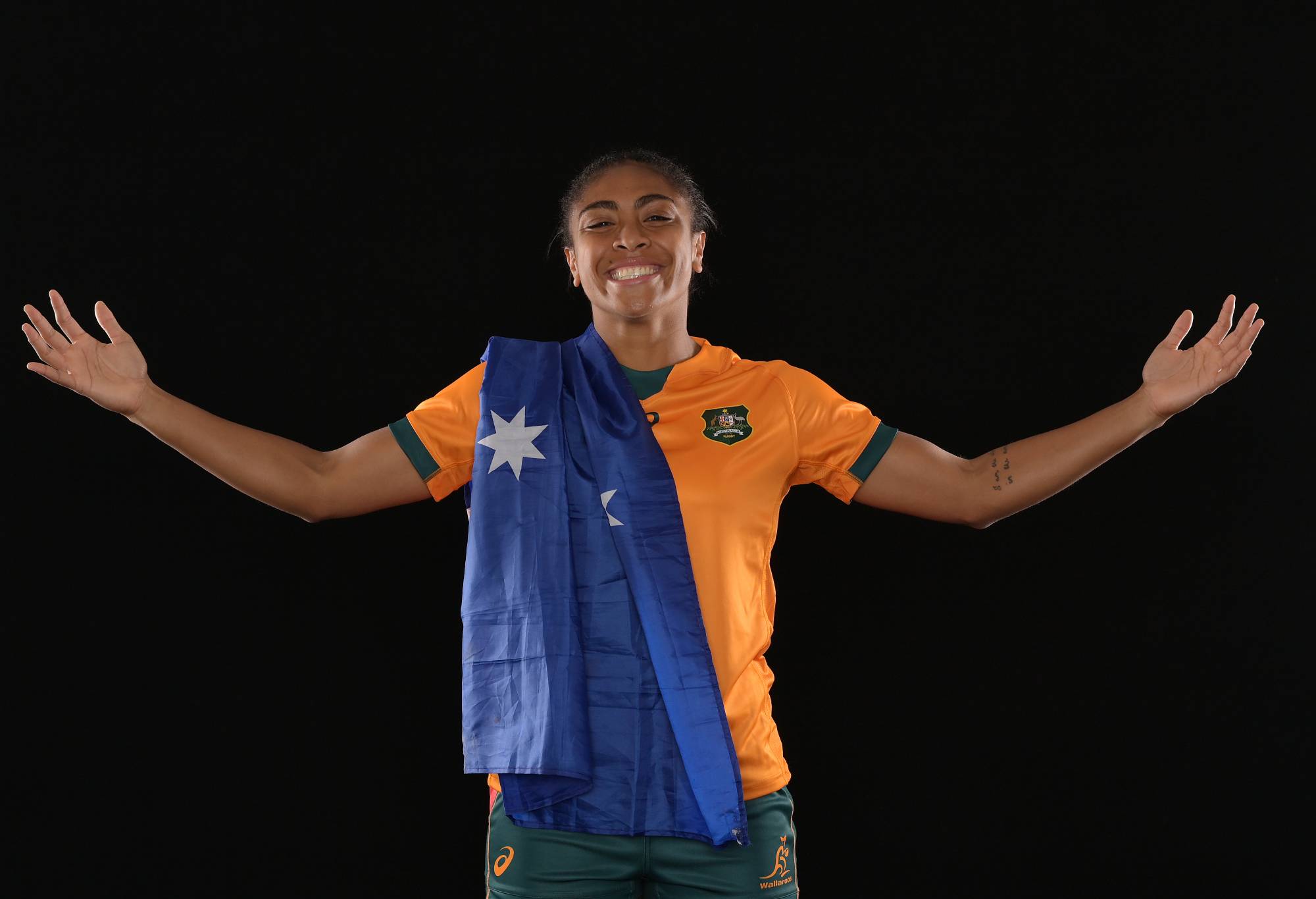 : Sera Naiqama poses for a portrait during the Australia 2021 Rugby World Cup headshots session at the Grand Millennium Hotel on October 01, 2022 in Auckland, New Zealand. (Photo by Hannah Peters - World Rugby/World Rugby via Getty Images)