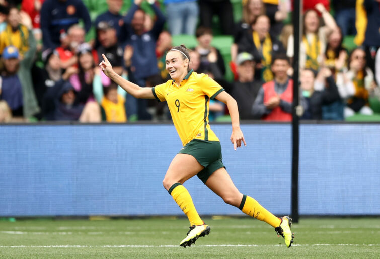 Caitlin Foord of the Matildas celebrates after scoring a goal