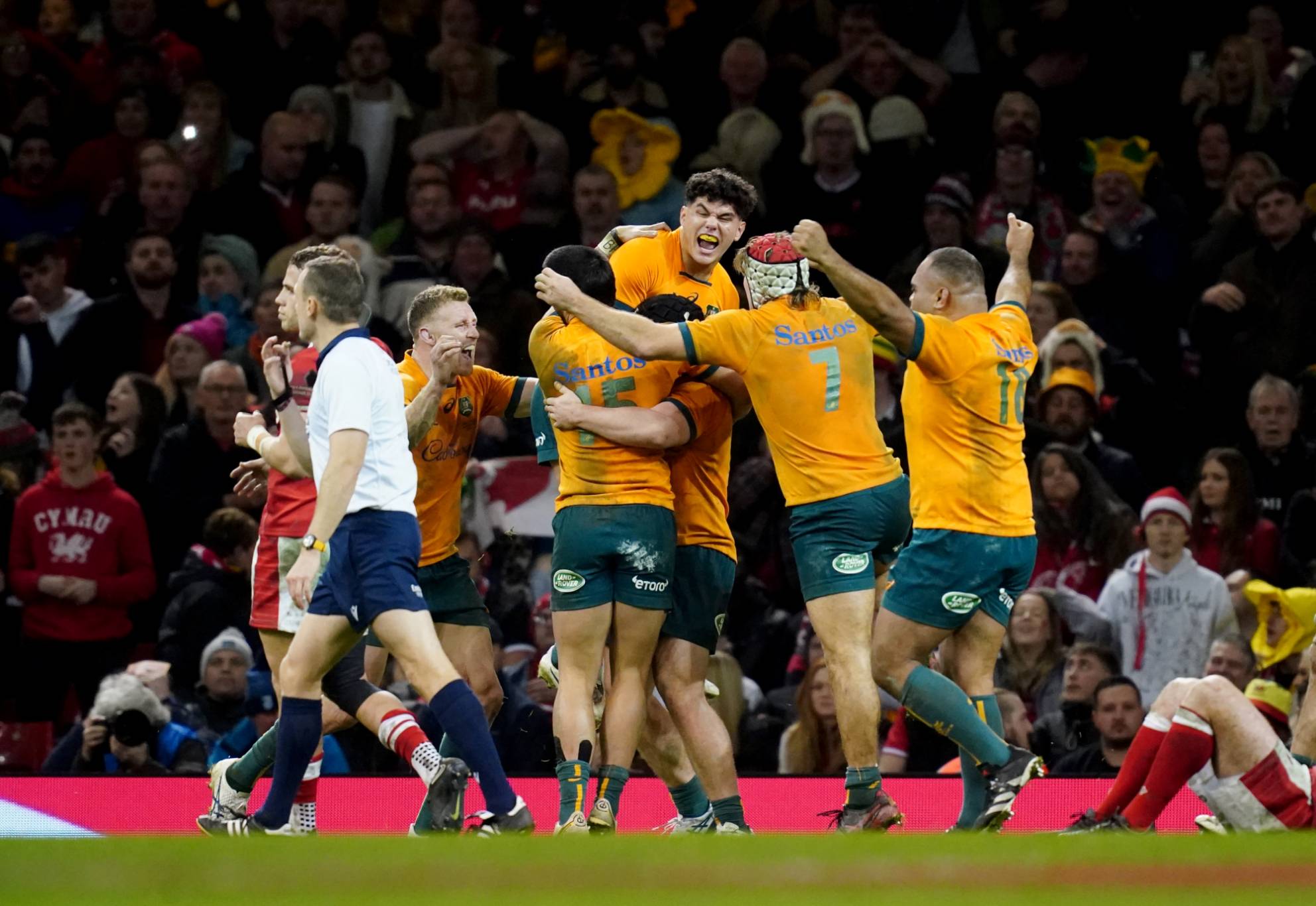 Wallabies Australia players celebrate at the final whistle after the Autumn International match at Principality Stadium, Cardiff. Picture date: Saturday November 26, 2022. (Photo by David Davies/PA Images via Getty Images)