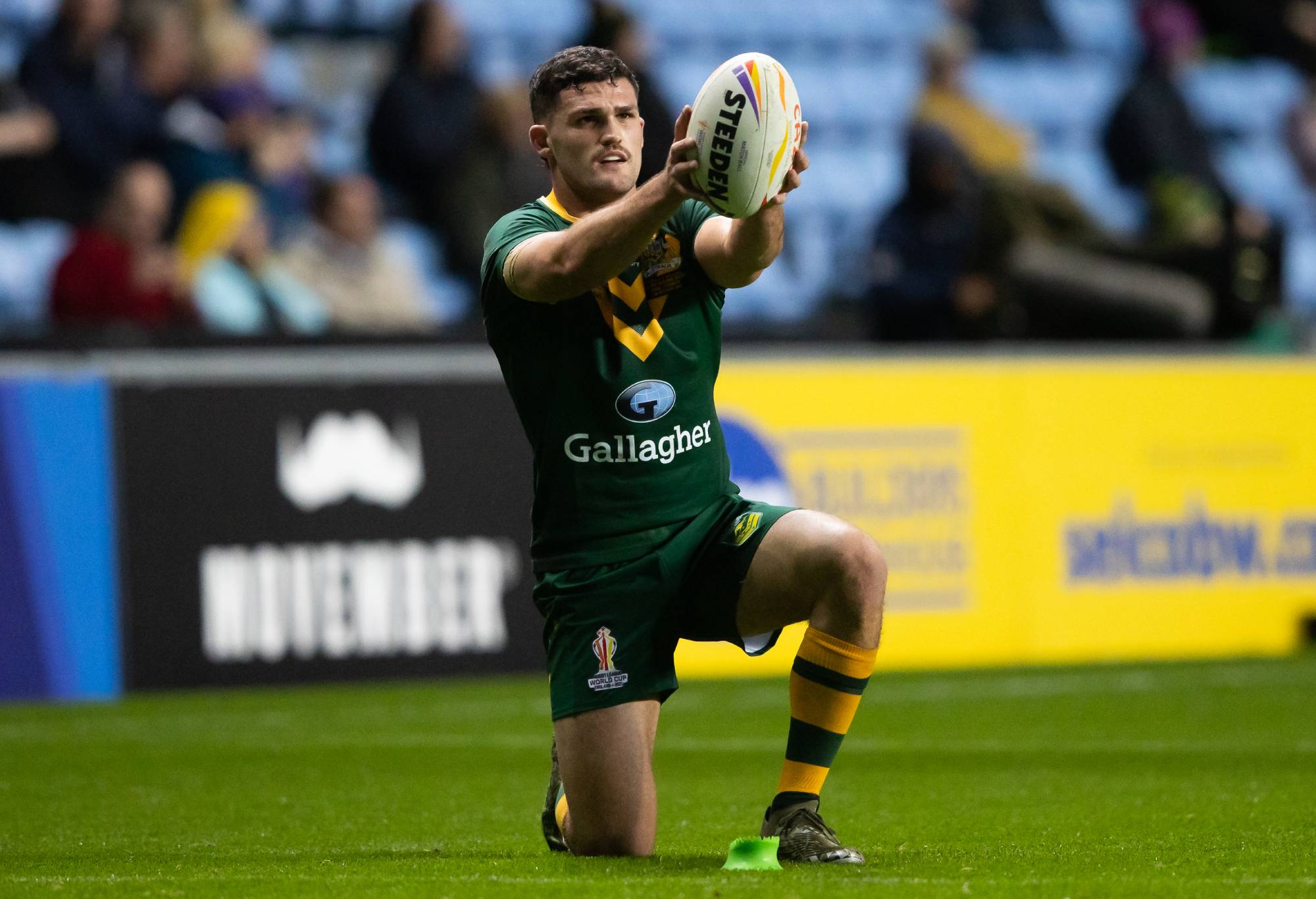 COVENTRY, ENGLAND - OCTOBER 21: Nathan Cleary of Australia during Rugby League World Cup 2021 Pool B match between Australia and Scotland at The Coventry Building Society Arena on October 21, 2022 in Coventry, England. (Photo by James Gill - Danehouse/Getty Images)