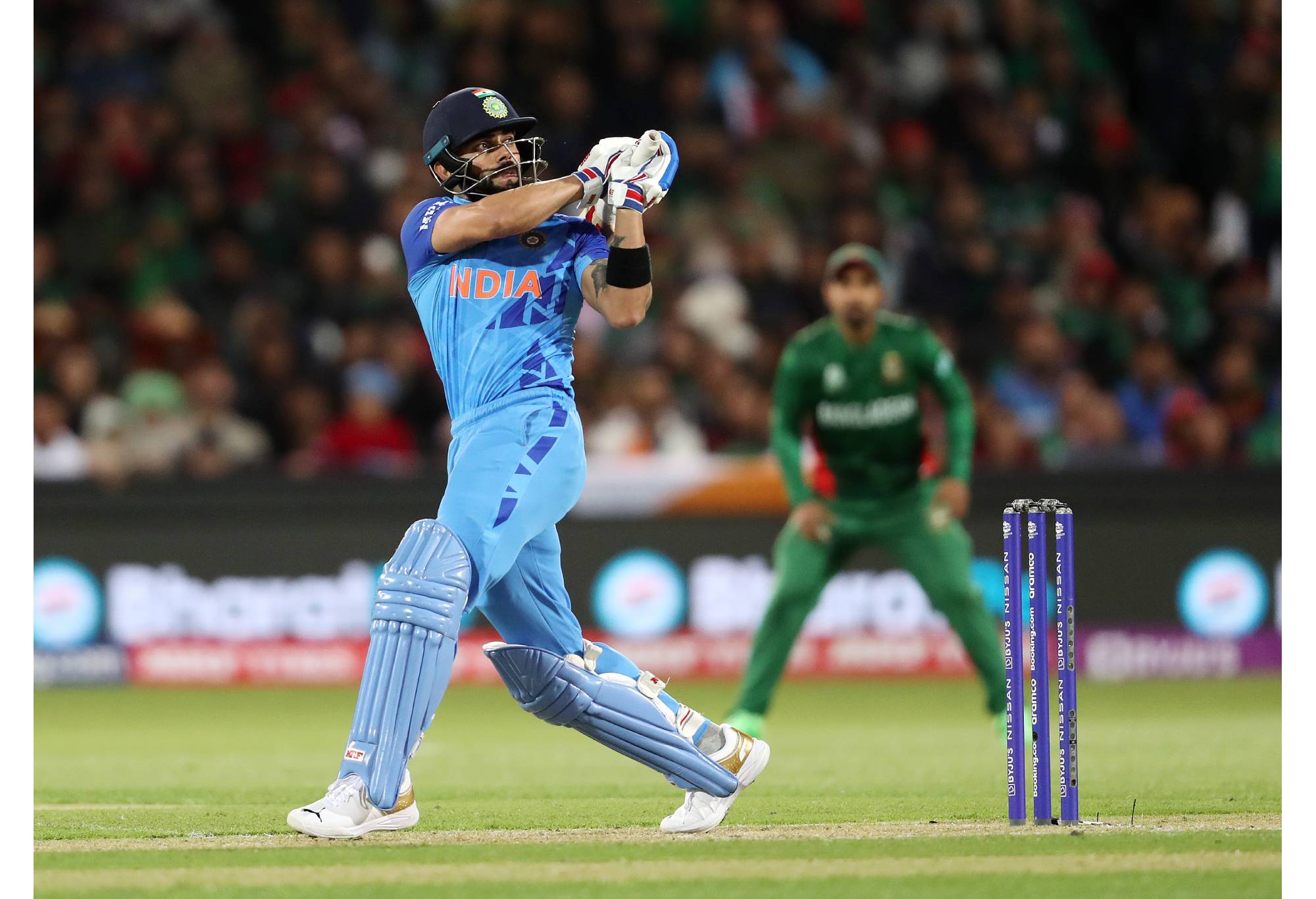 ADELAIDE, AUSTRALIA - NOVEMBER 02: Virat Kohli of India during the ICC Men's T20 World Cup match between India and Bangladesh at Adelaide Oval on November 02, 2022 in Adelaide, Australia. (Photo by Sarah Reed/Getty Images)