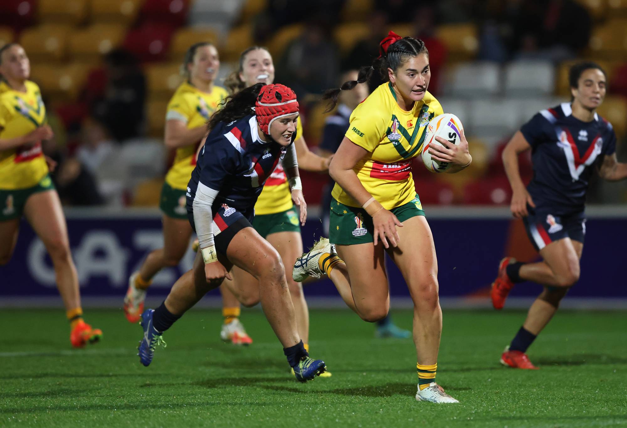 YORK, ENGLAND - NOVEMBER 06: Olivia Kernick of Australia goes over for their sides thirteenth try during the Women's Rugby League World Cup Group B match between Australia Women and France Women at LNER Community Stadium on November 06, 2022 in York, England. (Photo by George Wood/Getty Images for RLWC)