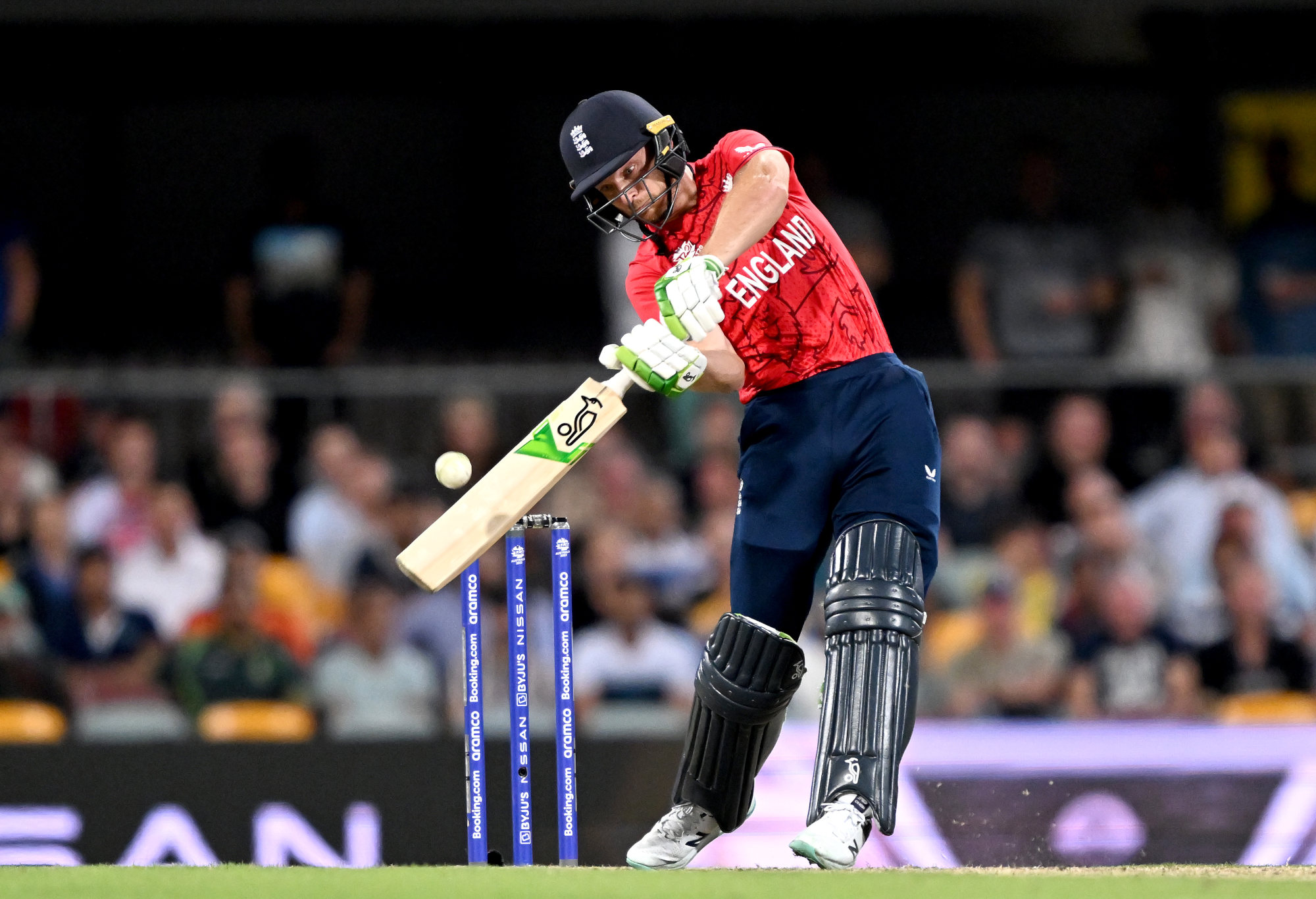 Jos Buttler of England hits the ball for a four.