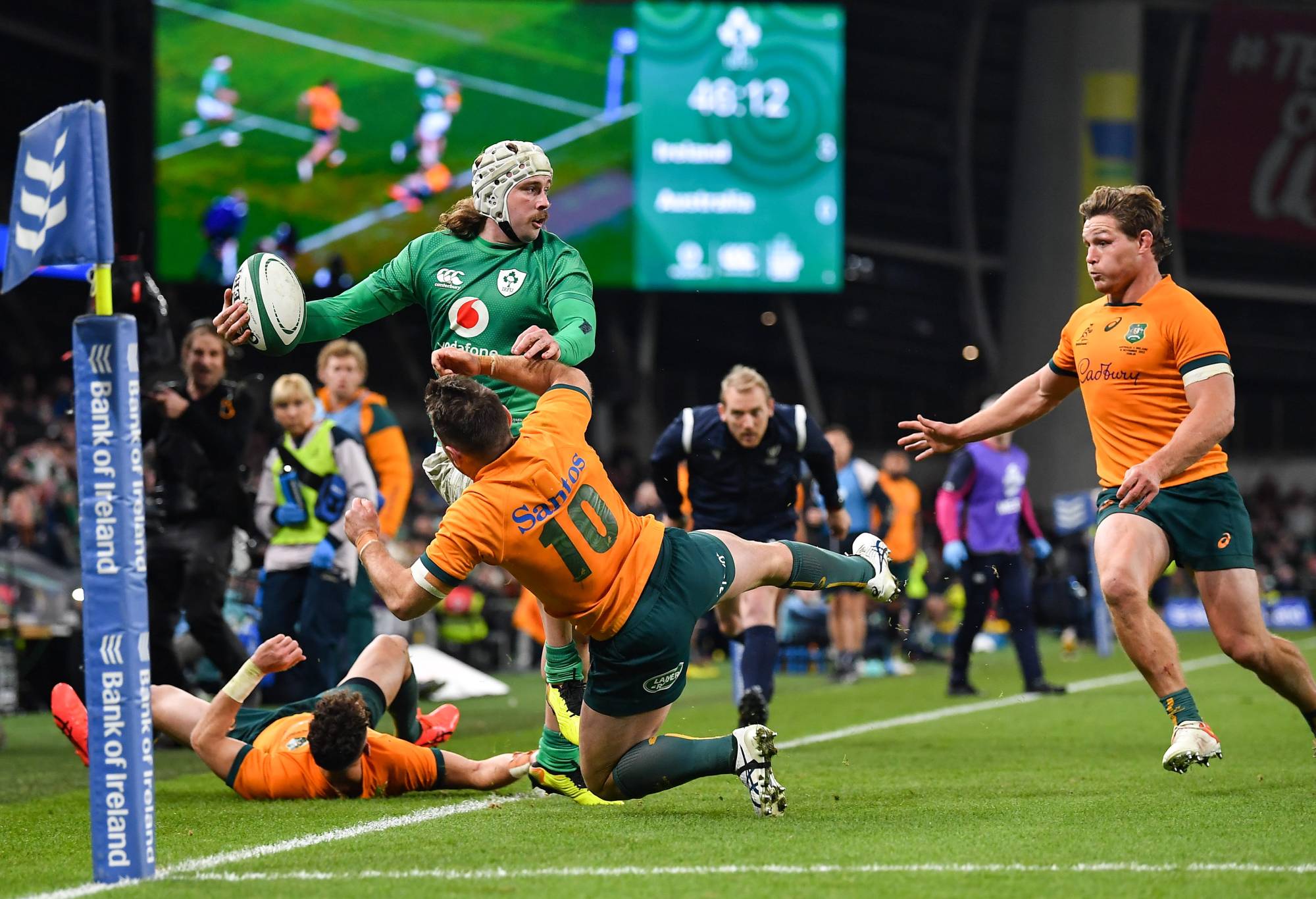 Mack Hansen of Ireland attempts to keep the ball in play during the Bank of Ireland Nations Series match between Ireland and Australia at the Aviva Stadium in Dublin. (Photo By David Fitzgerald/Sportsfile via Getty Images)