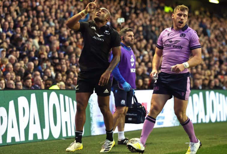 Mark Telea of New Zealand celebrates after scoring his team's fourth try of the game during the Autumn International match between Scotland and New Zealand at Murrayfield Stadium on November 13, 2022 in Edinburgh, Scotland. (Photo by David Rogers/Getty Images)