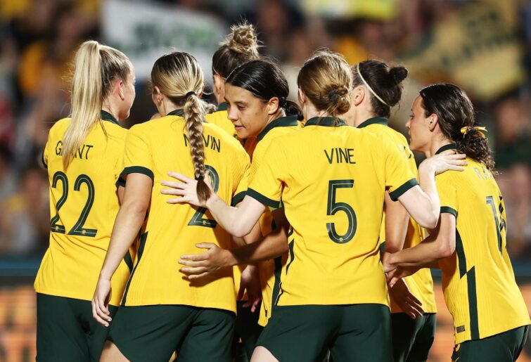 Sam Kerr of the Matildas celebrates with team mates after scoring a goal during the International Friendly match between the Australia Matildas and Thailand at Central Coast Stadium on November 15, 2022 in Gosford, Australia. (Photo by Matt King/Getty Images)