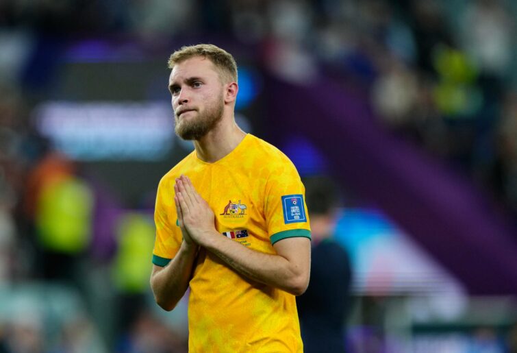 Nathaniel Atkinson Right-Back of Australia and Heart of Midlothian FC after losing the FIFA World Cup Qatar 2022 Group D match between France and Australia at Al Janoub Stadium on November 22, 2022 in Al Wakrah, Qatar. (Photo by Jose Breton/Pics Action/NurPhoto via Getty Images)