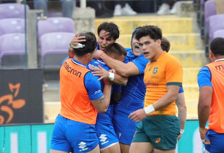 Ange Capuozzo of Italy celebrates after scoring a try during the Autumn International match between Italy and Australia on November 12, 2022 in Florence, Italy. (Photo by Federugby/Getty Images)