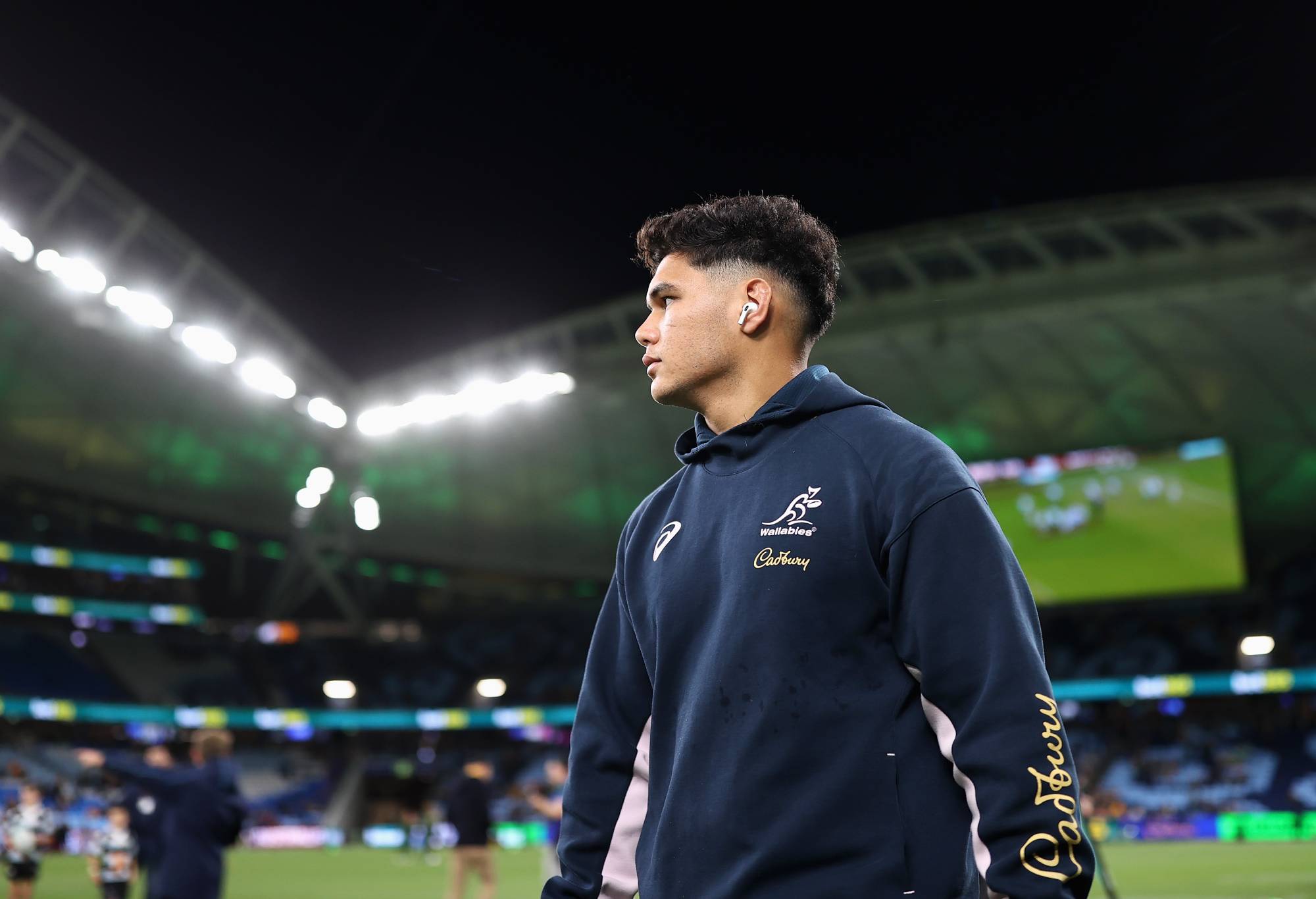 Noah Lolesio of the Wallabies inspects the pitch ahead of The Rugby Championship match between the Australia Wallabies and South Africa Springboks at Allianz Stadium on September 03, 2022 in Sydney, Australia. (Photo by Cameron Spencer/Getty Images)