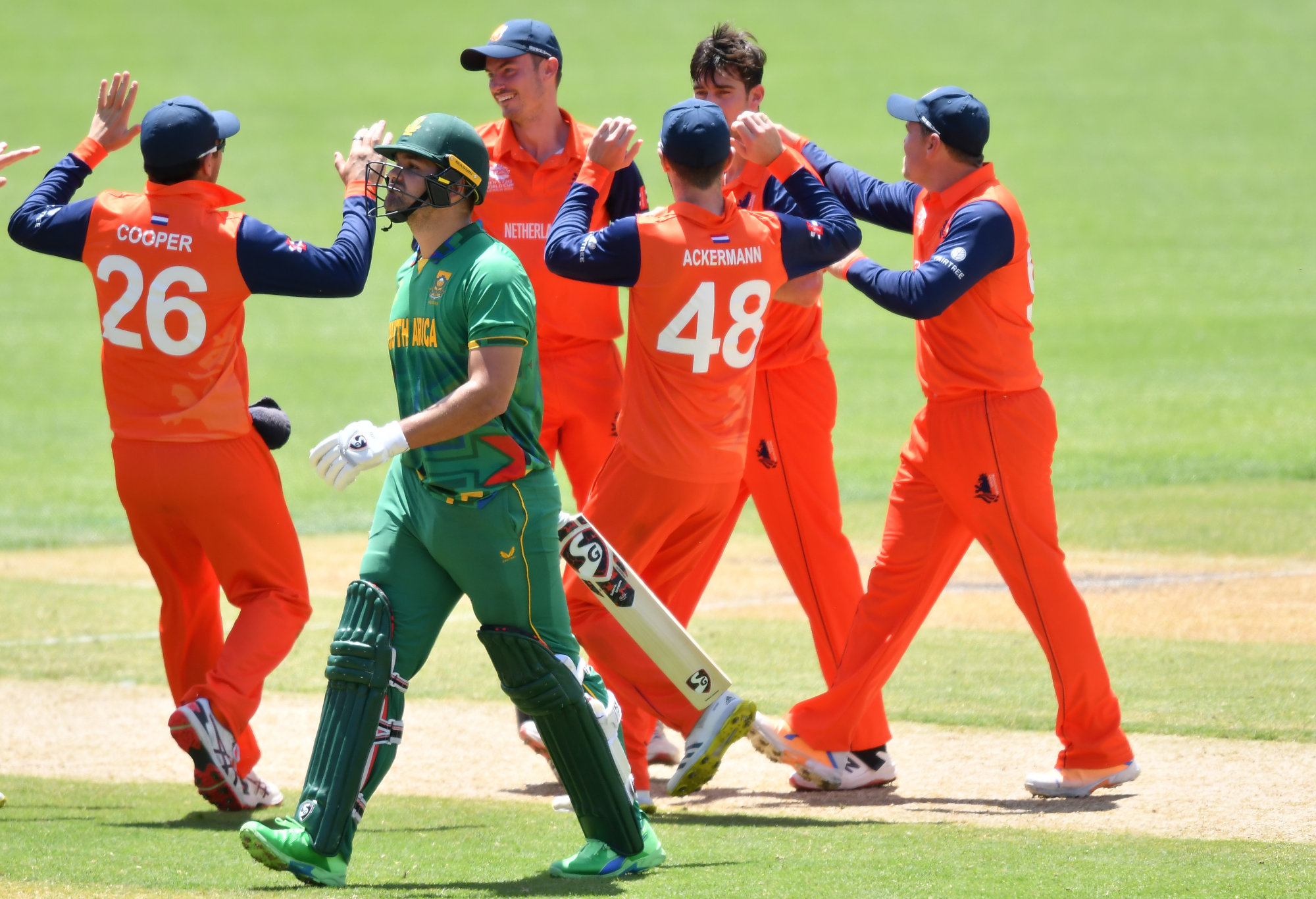 Brandon Glover of the Netherlands celebrates after taking the wicket of Rilee Rossouw of South Africa.