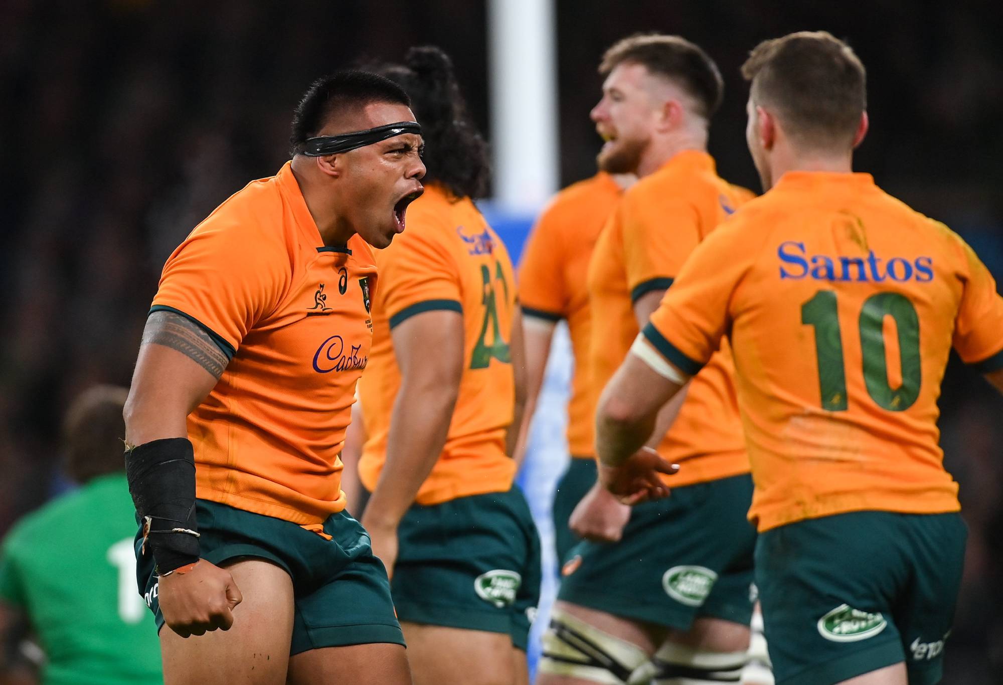 Allan Ala'alatoa of Australia celebrates his side winning a penalty during the Bank of Ireland Nations Series match between Ireland and Australia at the Aviva Stadium in Dublin. (Photo By Ramsey Cardy/Sportsfile via Getty Images)