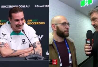 'Couldn't help myself!' Socceroo cracks himself up mid-question while bantering with journo