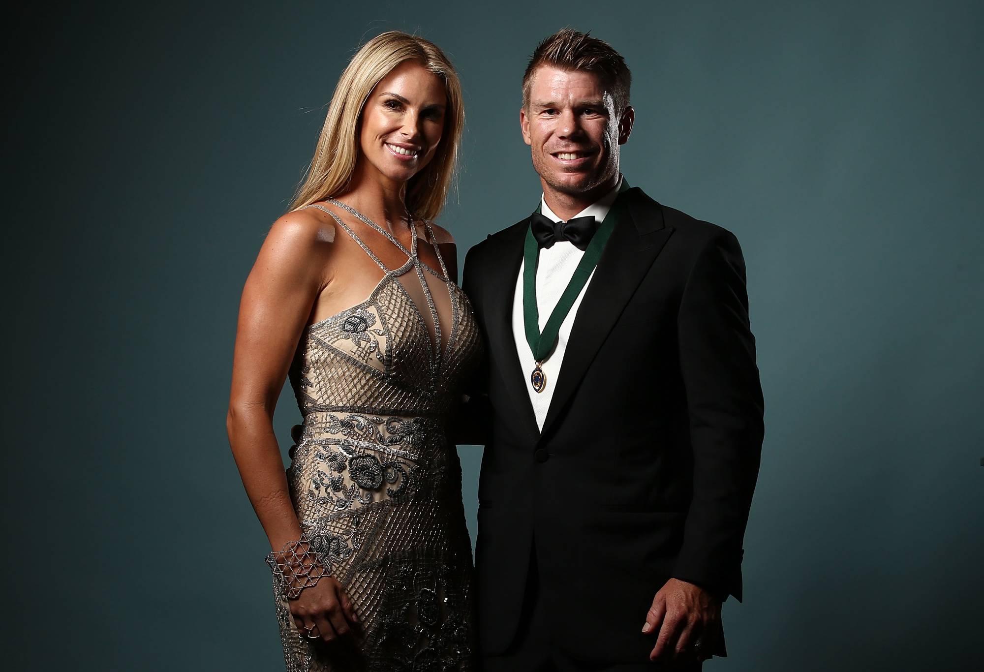 Candice Warner and David Warner pose after winning the Allan Border Medal during the 2017 Allan Border Medal at The Star on January 23, 2017 in Sydney, Australia. (Photo by Mark Metcalfe/Getty Images)