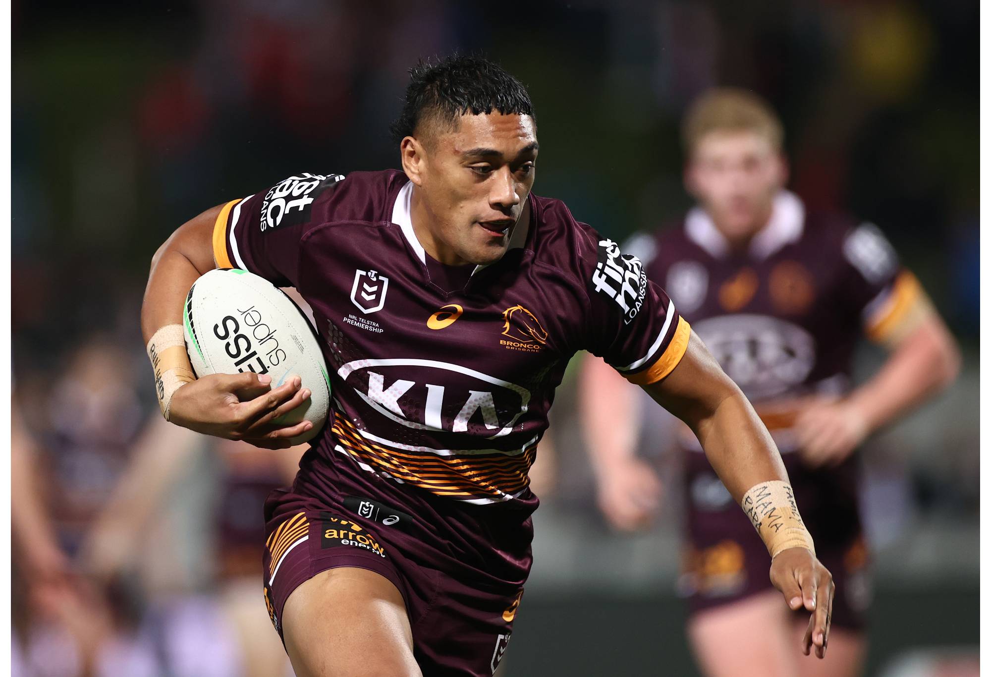 SYDNEY, AUSTRALIA - JUNE 03: TC Robati of the Broncos makes a break during the round 13 NRL match between the St George Illawarra Dragons and the Brisbane Broncos at Netstrata Jubilee Stadium on June 03, 2021, in Sydney, Australia. (Photo by Cameron Spencer/Getty Images)