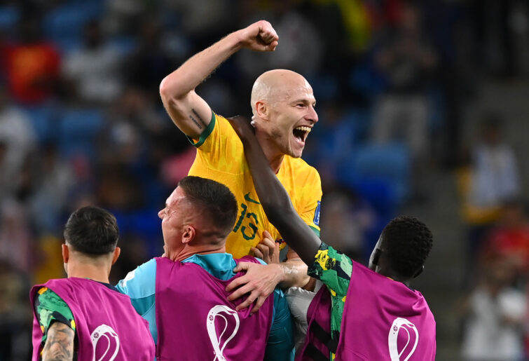 Aaron Mooy of Australia celebrates after the1-0 win during the FIFA World Cup Qatar 2022 Group D match between Australia and Denmark at Al Janoub Stadium on November 30, 2022 in Al Wakrah, Qatar. (Photo by Claudio Villa/Getty Images)