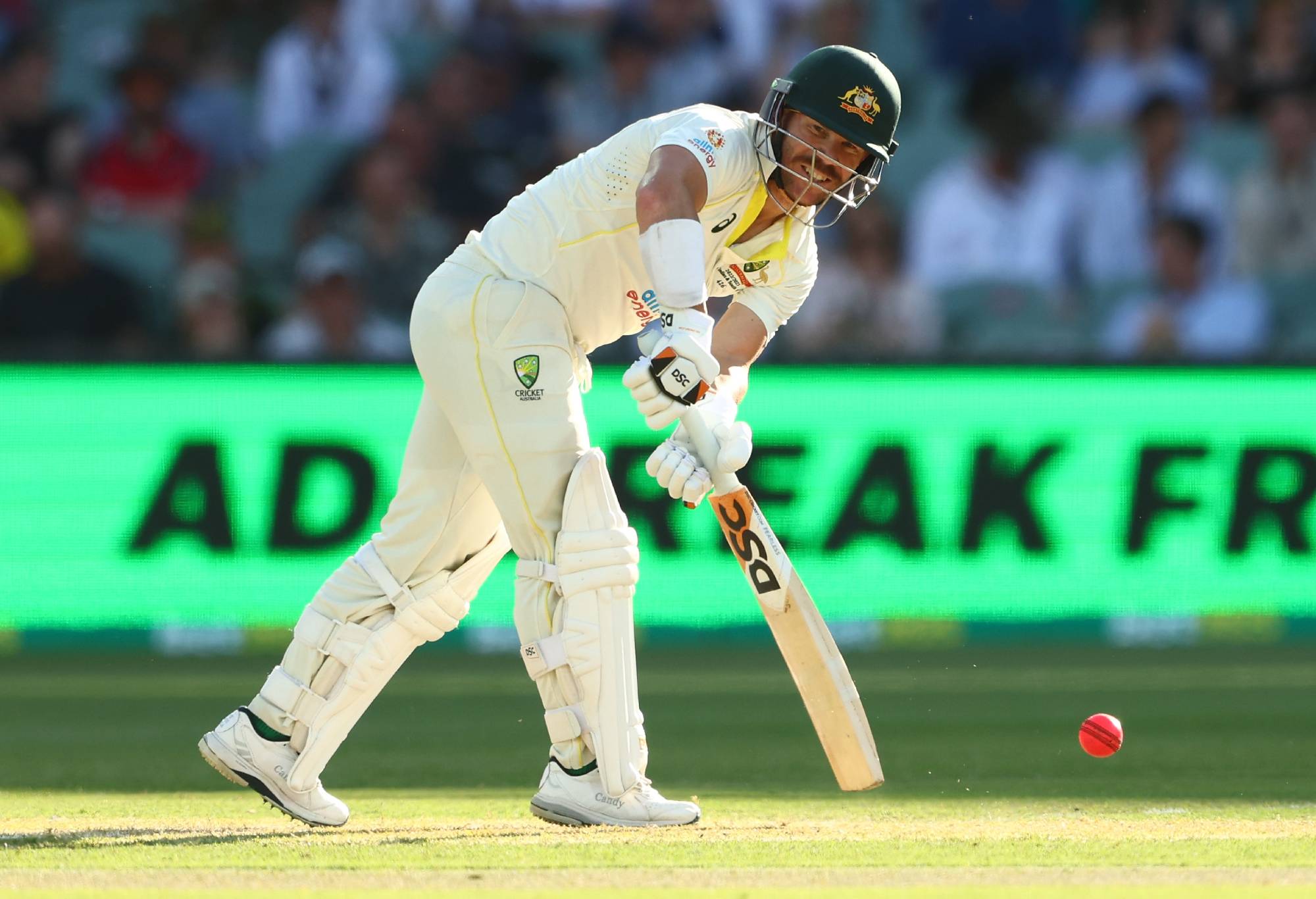 ADELAIDE, AUSTRALIA - DECEMBER 10: David Warner of Australia bats during day three of the Second Test Match in the series between Australia and the West Indies at Adelaide Oval on December 10, 2022 in Adelaide, Australia. (Photo by Chris Hyde/Getty Images)