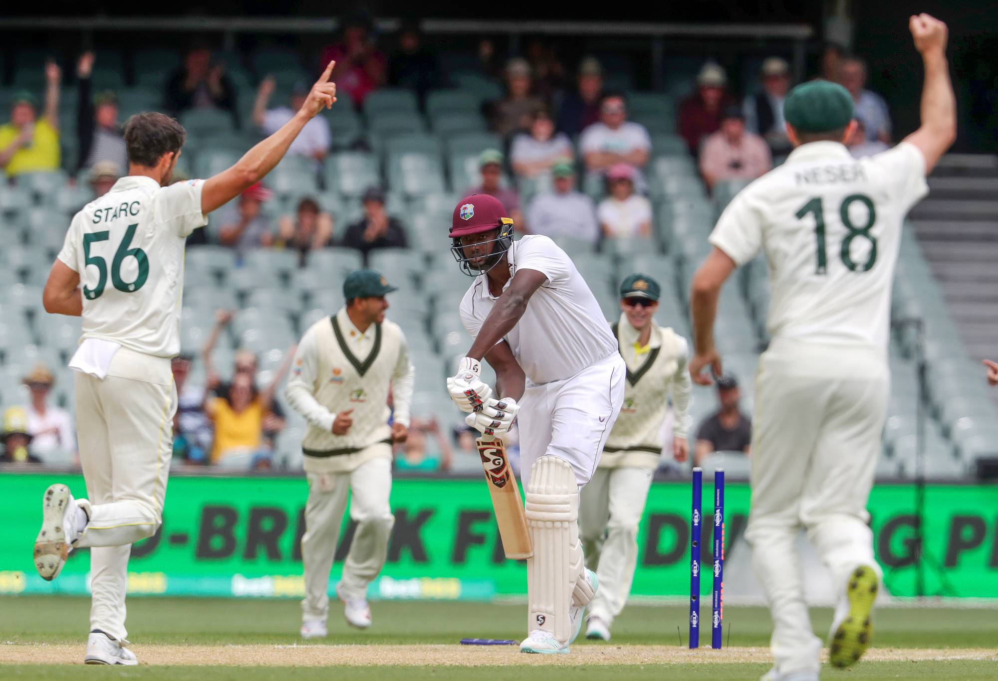 ADELAIDE, AUSTRALIA - DECEMBER 11: Jason Holder of West Indies bowled Mitchell Starc of Australia for 11 runs during day four of the Second Test Match in the series between Australia and the West Indies at Adelaide Oval on December 11, 2022 in Adelaide, Australia. (Photo by Sarah Reed - CA/Cricket Australia via Getty Images)