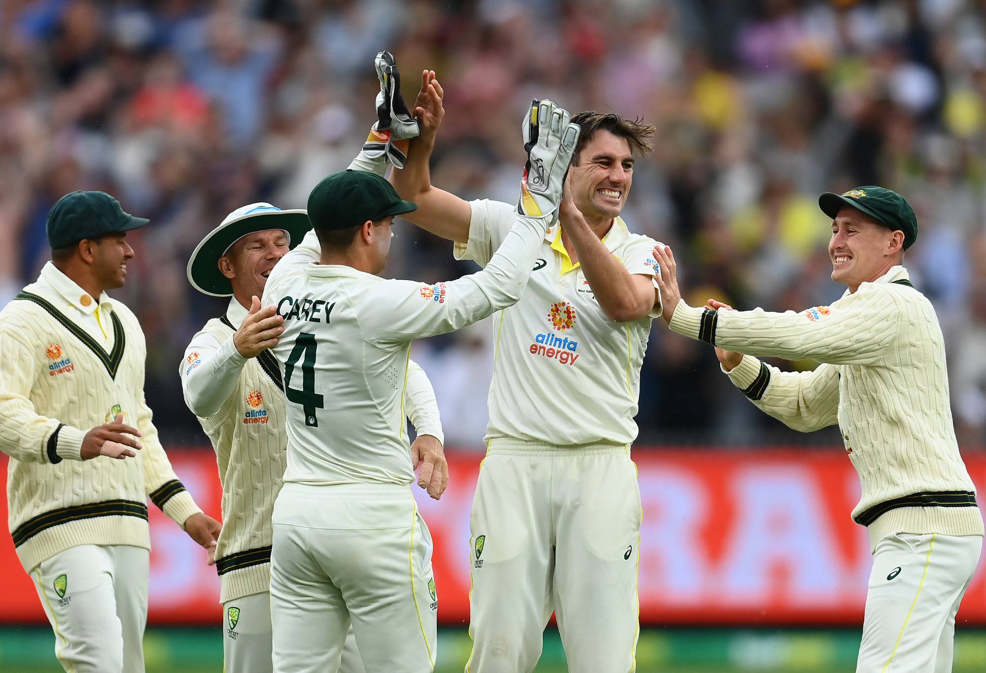 MELBOURNE, AUSTRALIA - DECEMBER 28: Pat Cummins of Australia celebrates dismissing Dean Elgar of South Africa  during day three of the Second Test match in the series between Australia and South Africa at Melbourne Cricket Ground on December 28, 2022 in Melbourne, Australia. (Photo by Quinn Rooney/Getty Images)