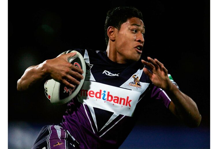 MELBOURNE, AUSTRALIA - JUNE 02: Israel Folau of the Storm runs with the ball during the round 12 NRL match between the Melbourne Storm and the South Sydney Rabbitohs at Olympic Park June 2, 2007 in Melbourne, Australia. (Photo by Quinn Rooney/Getty Images)