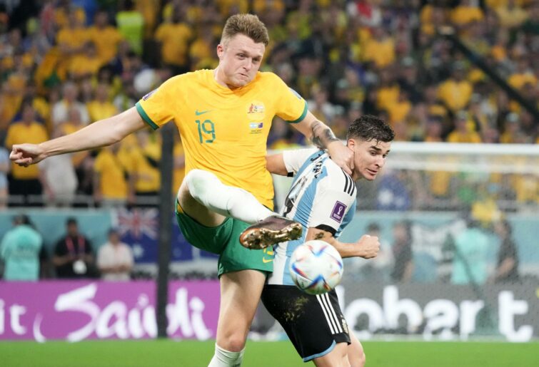 Julian Alvarez of Argentina in action during the FIFA World Cup Qatar 2022 Round of 16 match between Argentina and Australia at Ahmad Bin Ali Stadium on December 03, 2022 in Doha, Qatar. (Photo by Koji Watanabe/Getty Images)