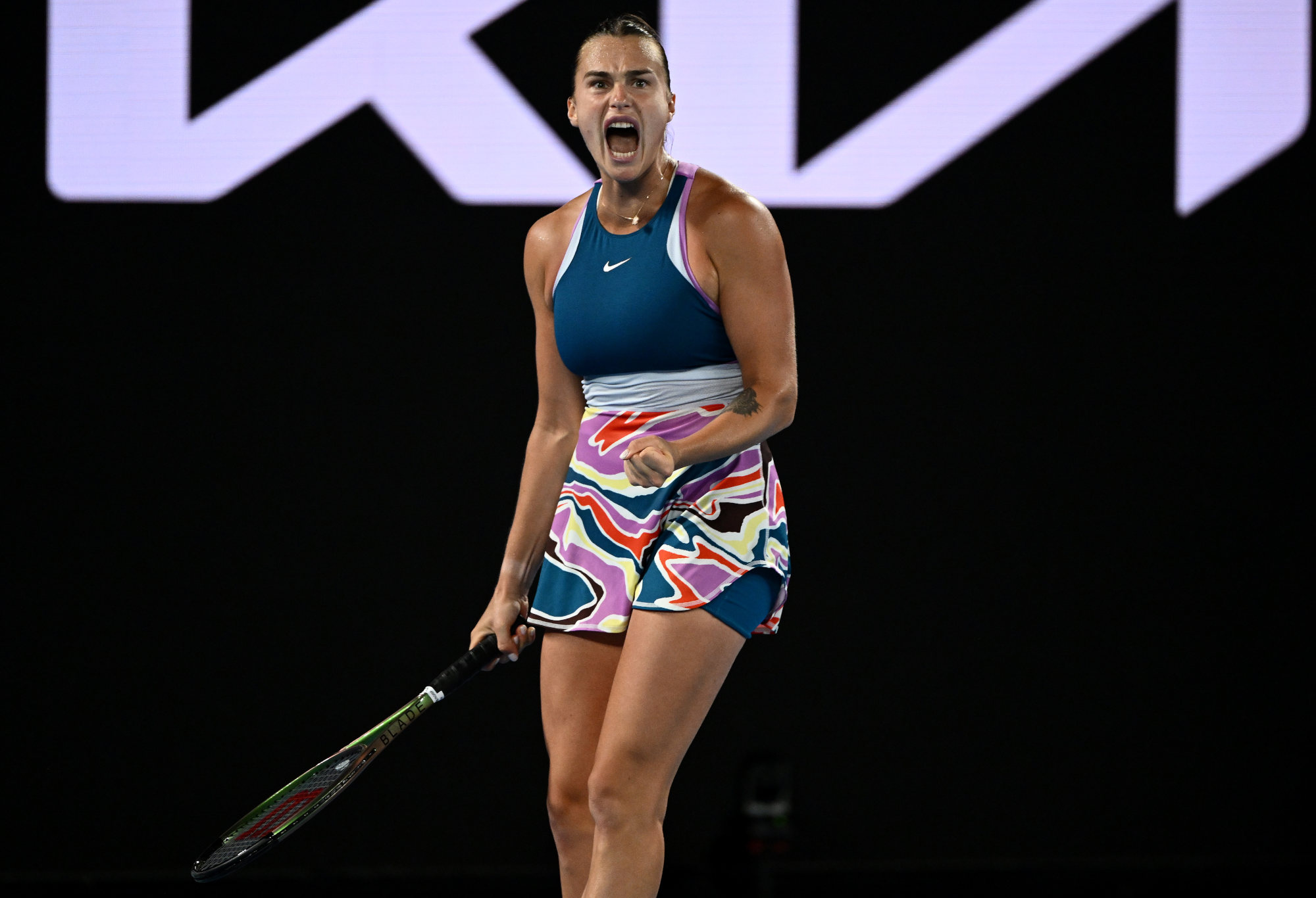 Aryna Sabalenka celebrate during the Australian Open women's final.