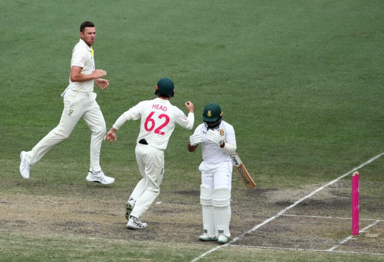 SYDNEY, AUSTRALIA - JANUARY 07: Josh Hazlewood of Australia celebrates after taking the wicket of Temba Bavuma of South Africa during day four of the Second Test match in the series between Australia and South Africa at Sydney Cricket Ground on January 07, 2023 in Sydney, Australia. (Photo by Jason McCawley - CA/Cricket Australia via Getty Images)