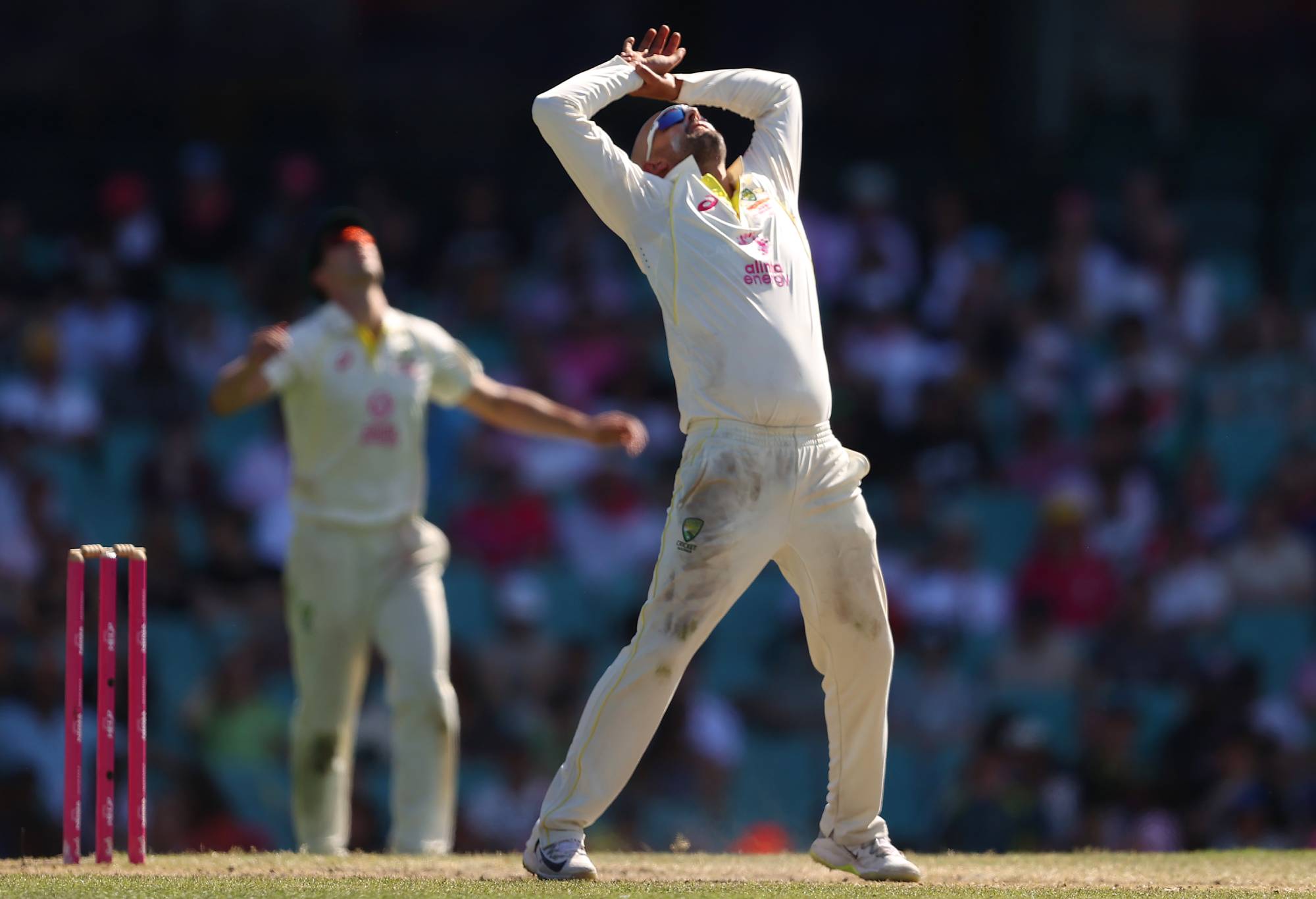 SYDNEY, AUSTRALIA - JANUARY 08: Nathan Lyon of Australia reacts during day five of the Third Test match in the series between Australia and South Africa at Sydney Cricket Ground on January 08, 2023 in Sydney, Australia. (Photo by Mark Kolbe/Getty Images)