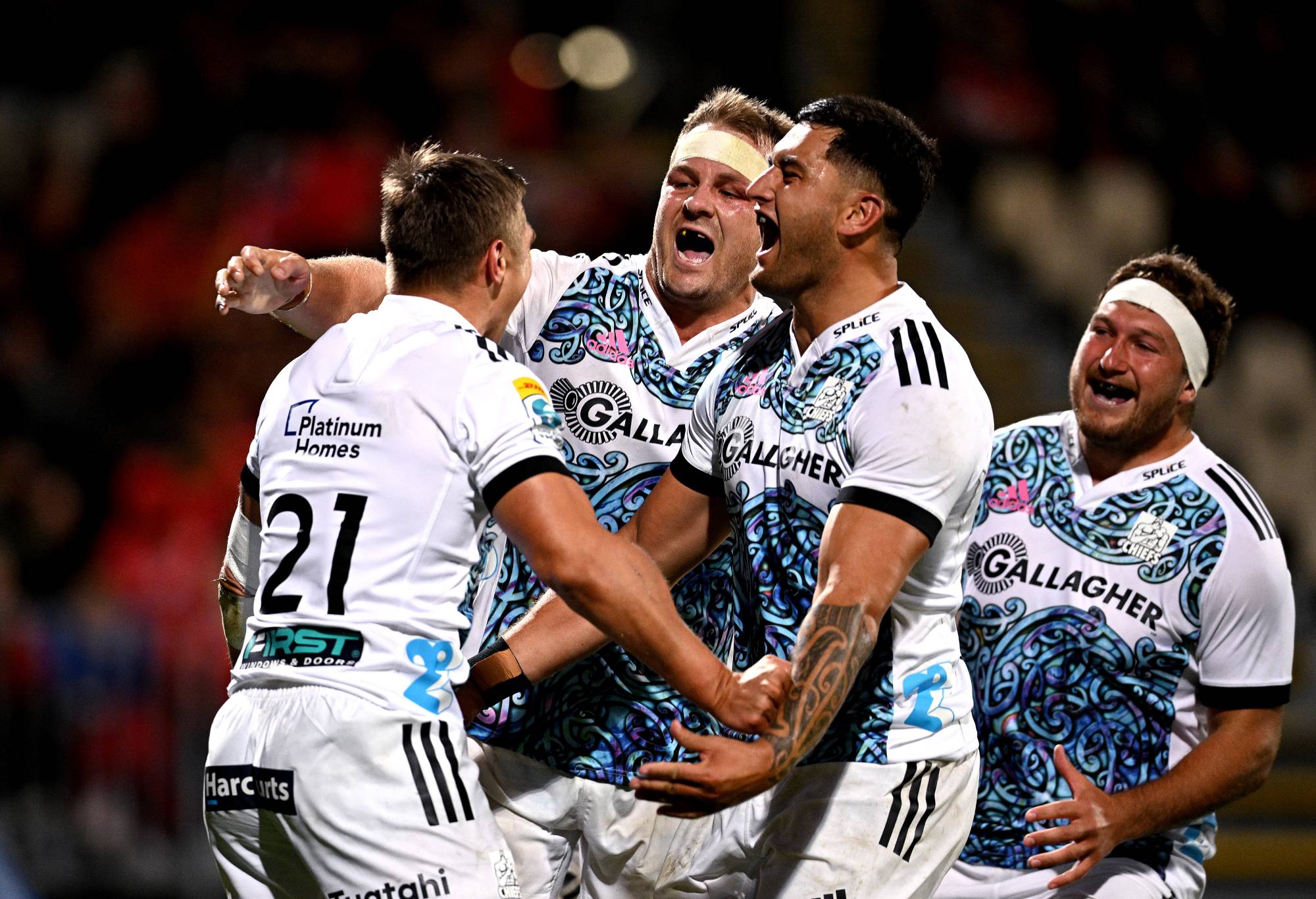 Cortez Ratima of the Chiefs celebrates with his team after scoring a try during the round one Super Rugby Pacific match between Crusaders and Chiefs at Orangetheory Stadium, on February 24, 2023, in Christchurch, New Zealand. (Photo by Joe Allison/Getty Images)