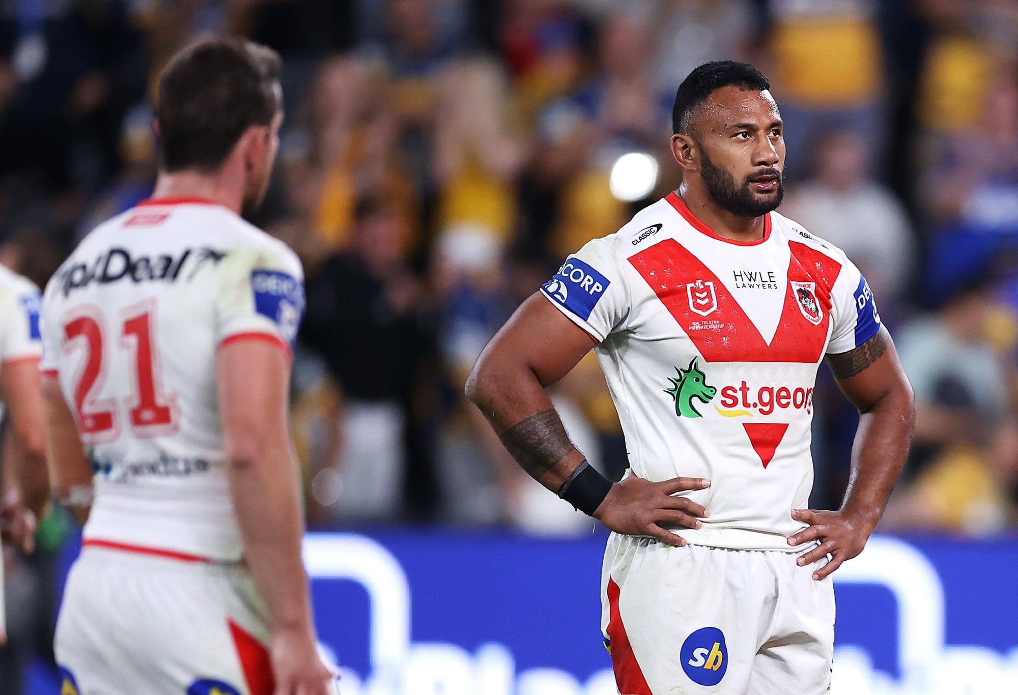SYDNEY, AUSTRALIA - APRIL 03: Francis Molo of the Dragons looks dejected after defeat during the round four NRL match between the Parramatta Eels and the St George Illawarra Dragons at CommBank Stadium, on April 03, 2022, in Sydney, Australia. (Photo by Mark Kolbe/Getty Images)